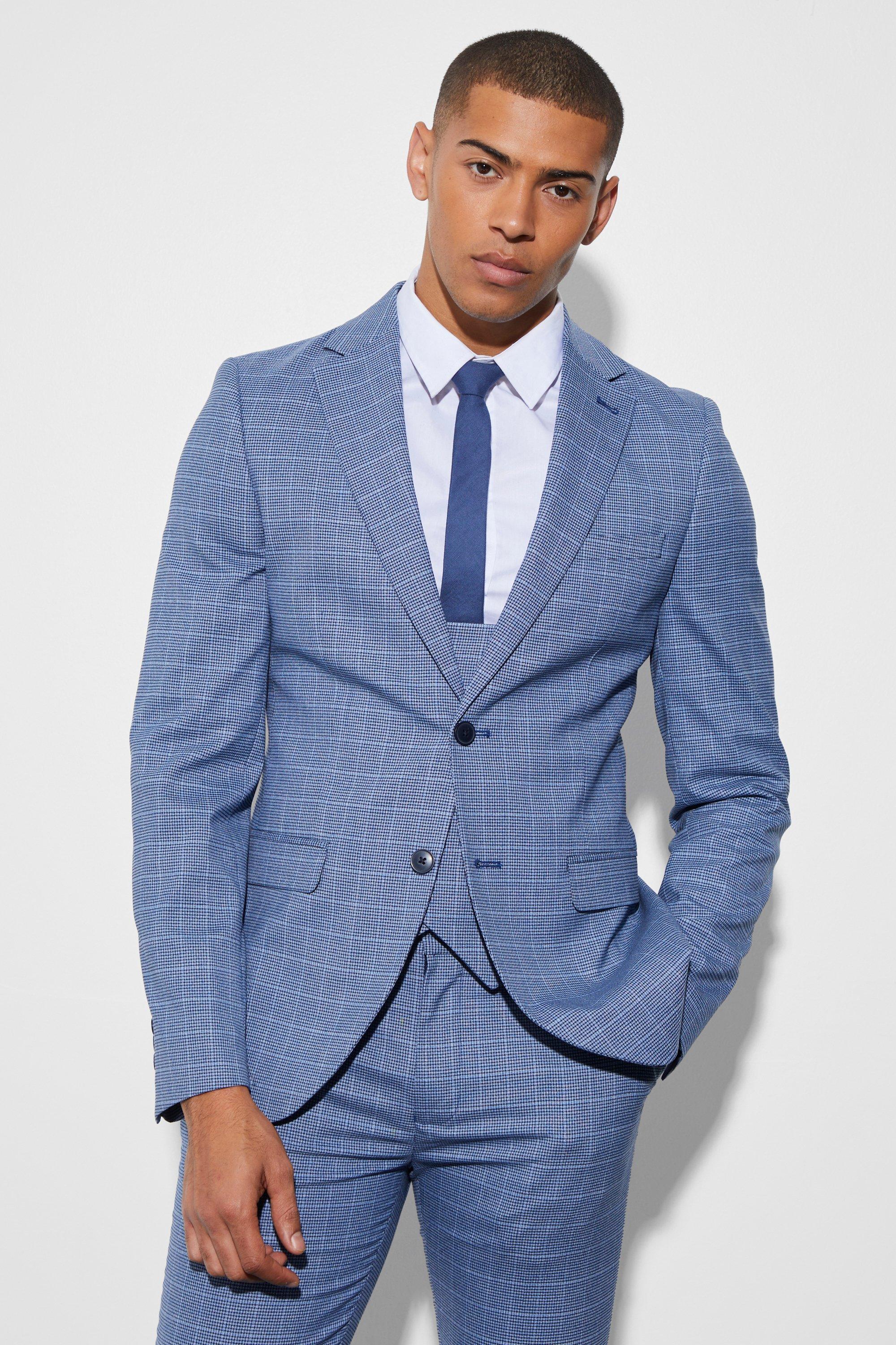 Mens Navy Skinny Single Breasted Micro Check Jacket, Navy