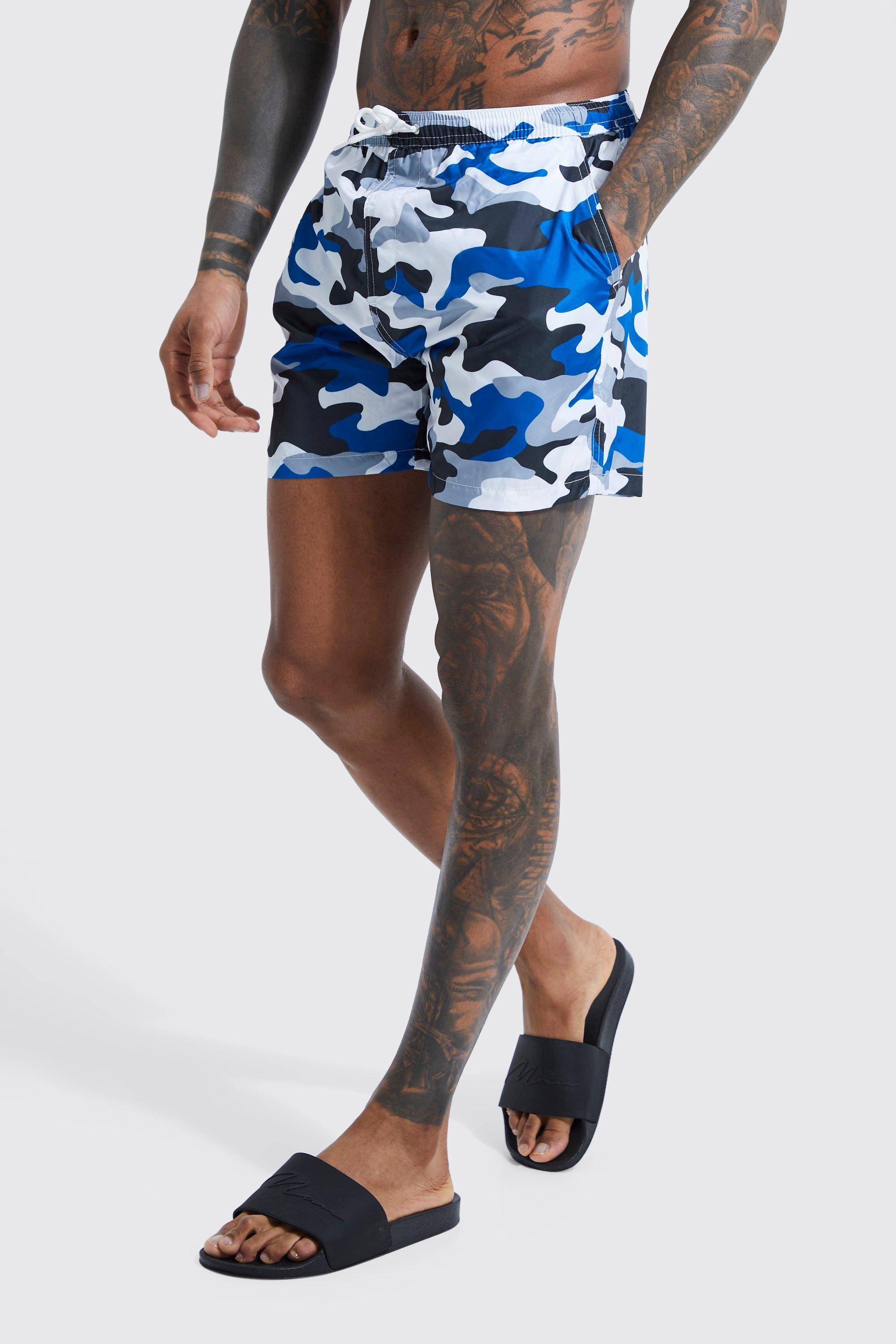 Image of Mid Length Camo Swim Shorts, Azzurro