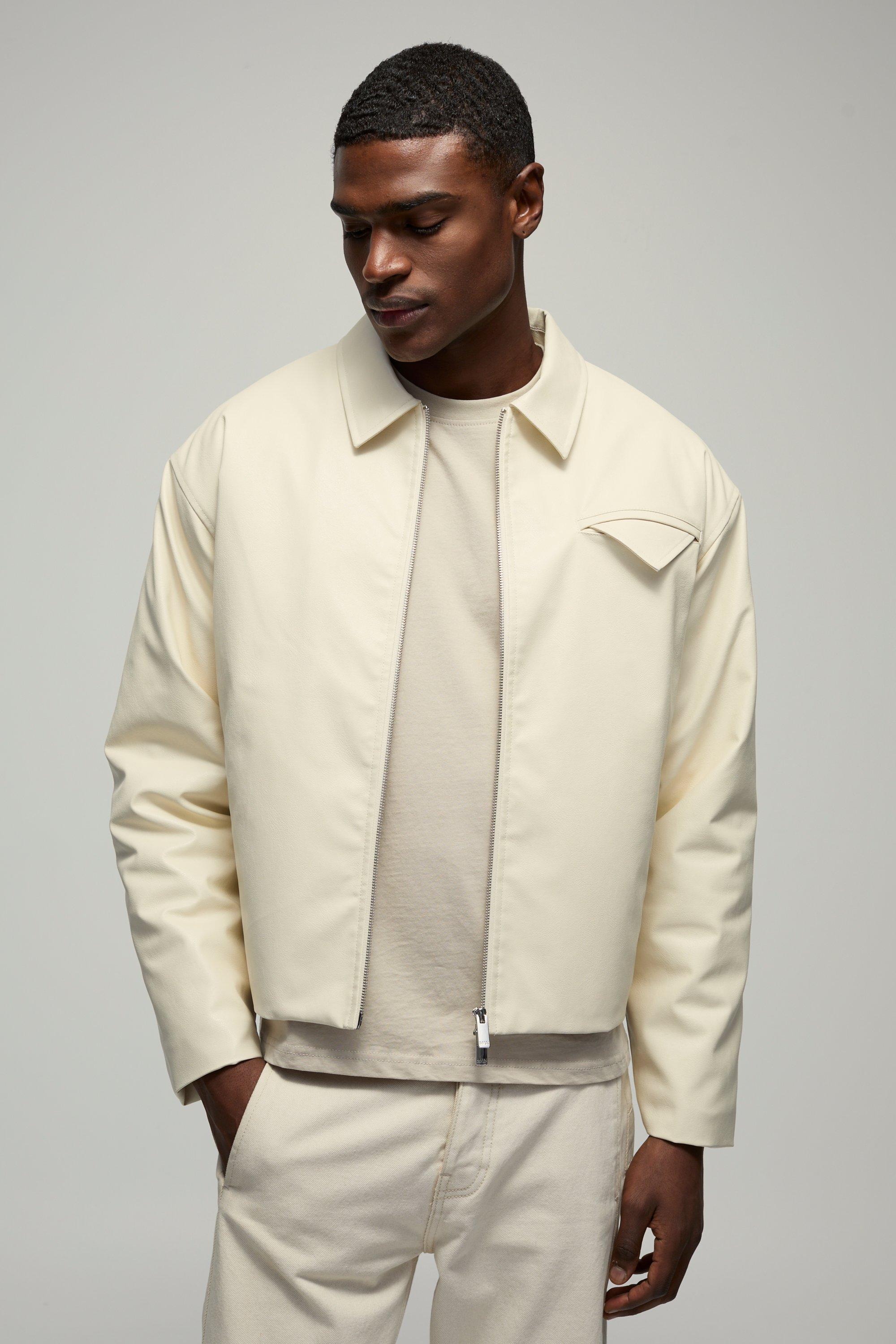 Mens Cream Boxy PU Harrington Jacket, Cream