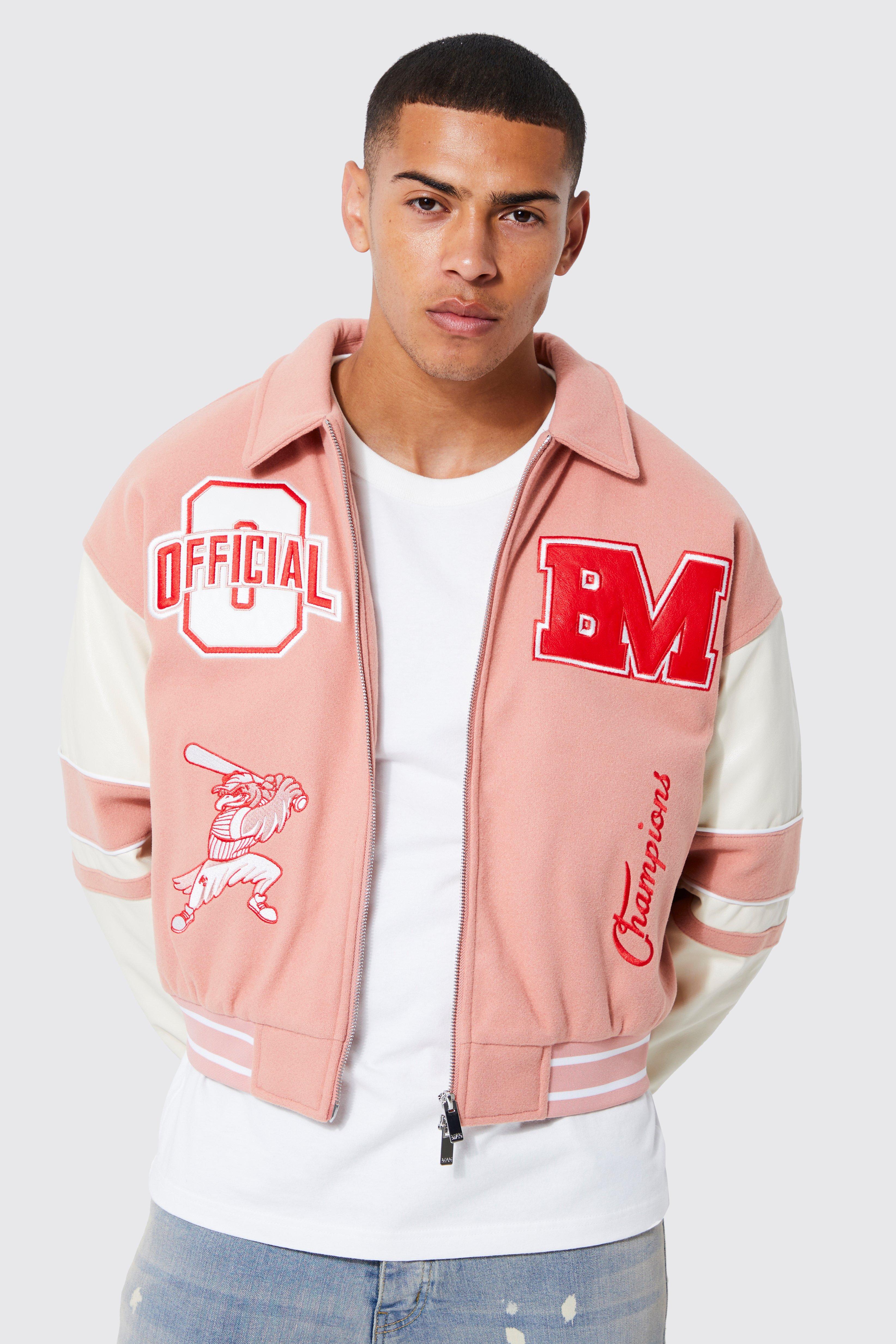 Boxy Checkerboard Melton Pu Varsity Jacket