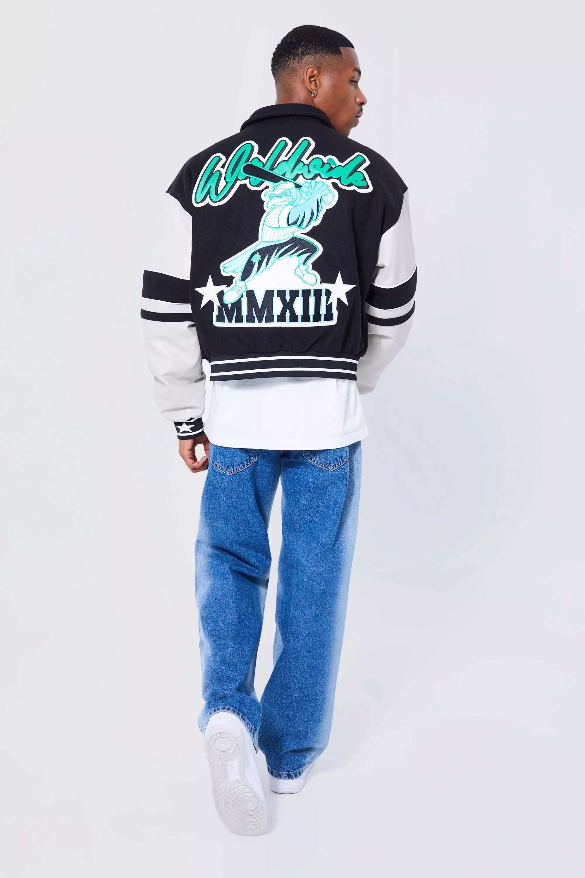 Boxy Worldwide Melton Varsity Jacket | boohooMAN USA