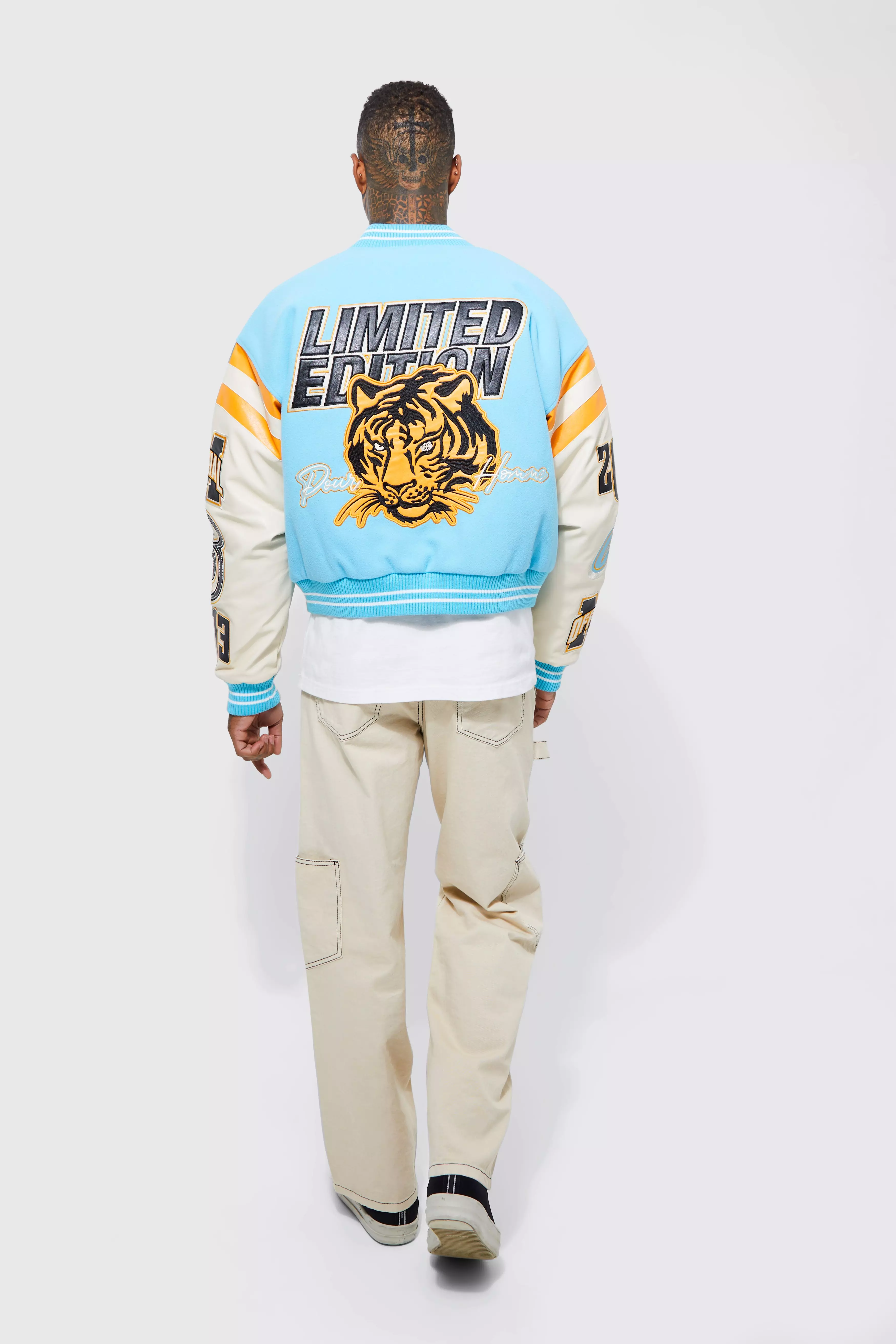 boohooMAN Boxy Limited Edition Tiger Varsity Jacket - Blue - Size XS