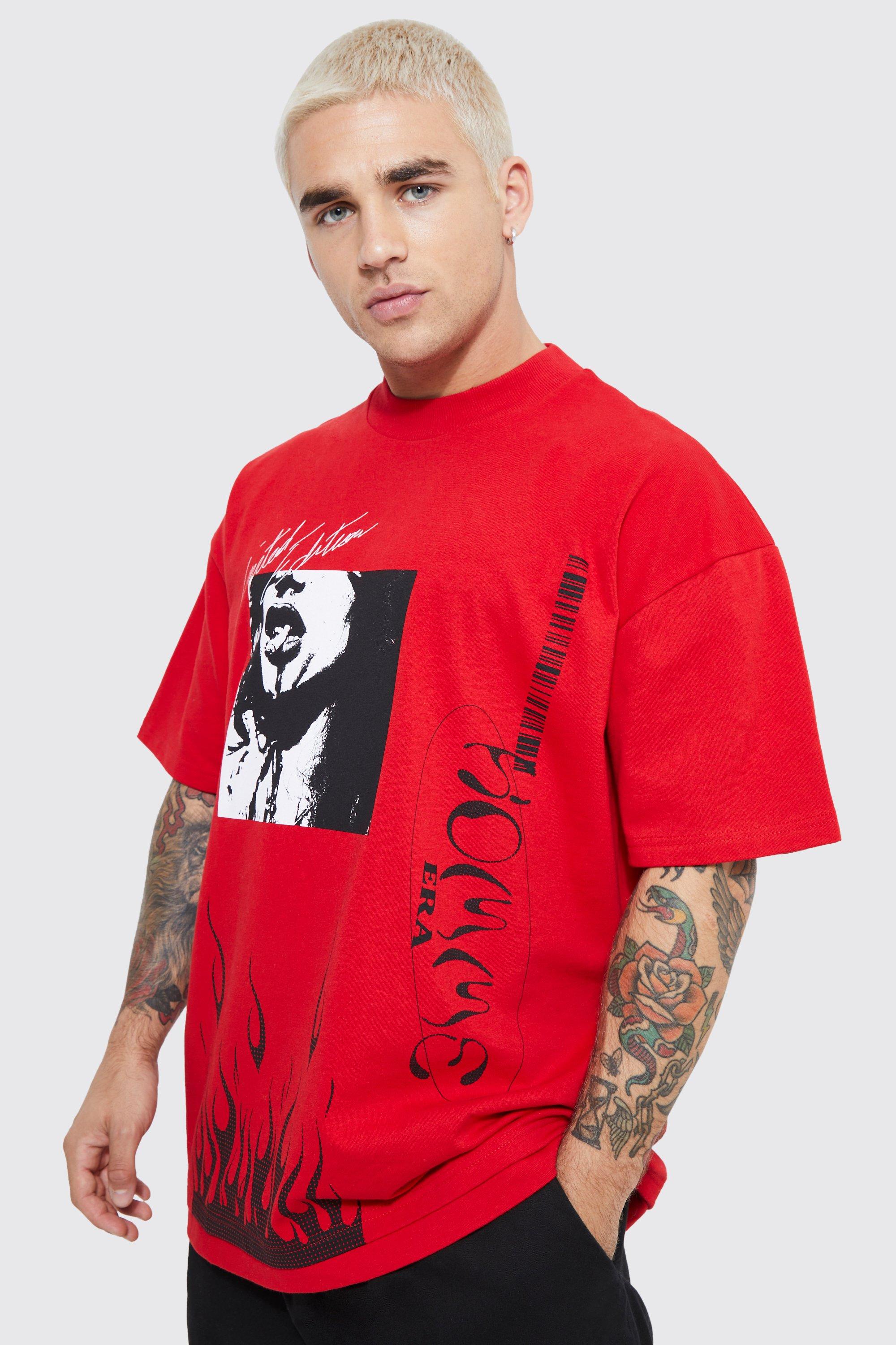 Mens Red Oversized Graffiti Homme Flames T-shirt, Red