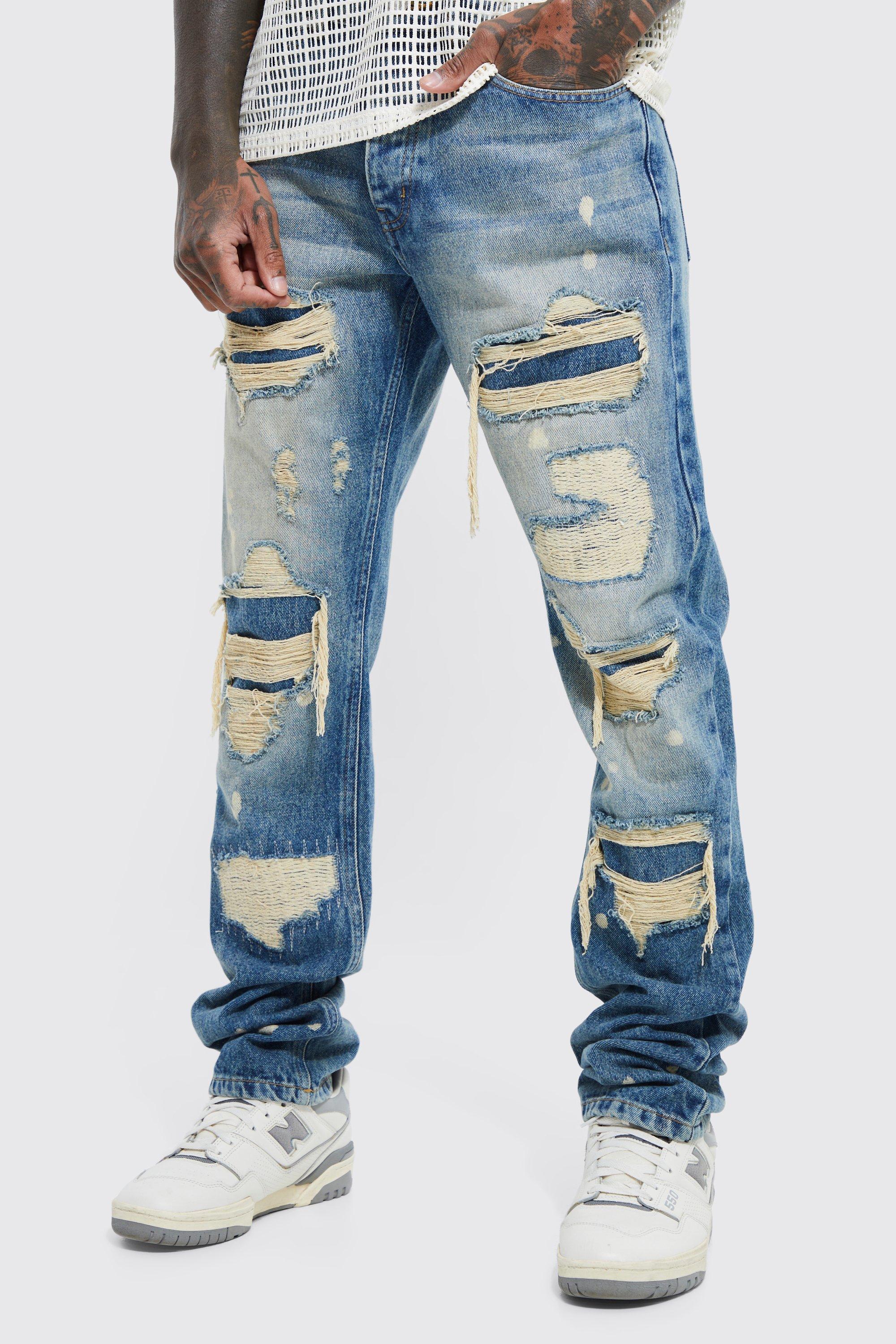 mens blue straight rigid stacked rip and repair jeans, blue