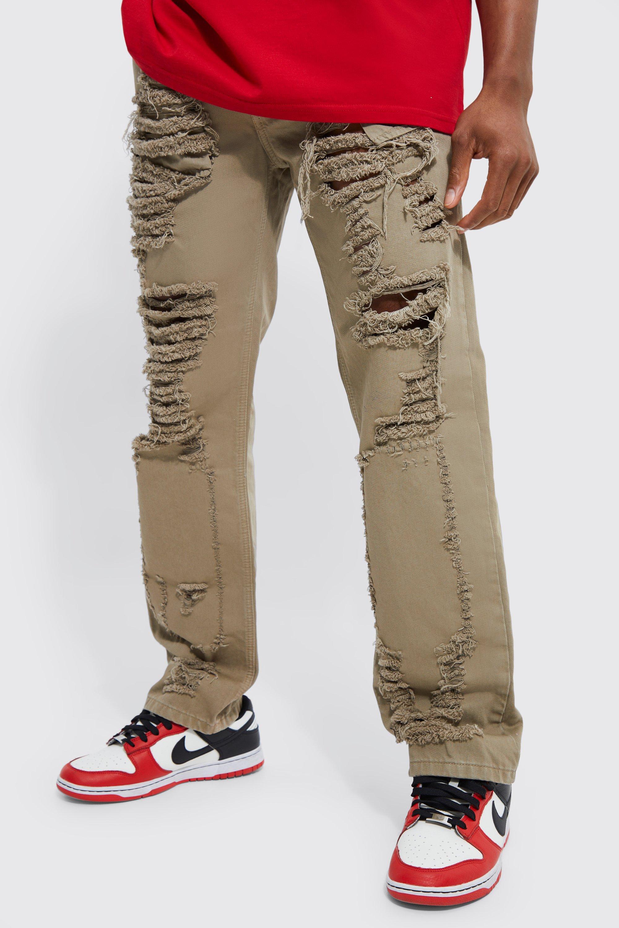Mens Beige Relaxed Rigid Extreme Rip Gusset Detail Jean, Beige