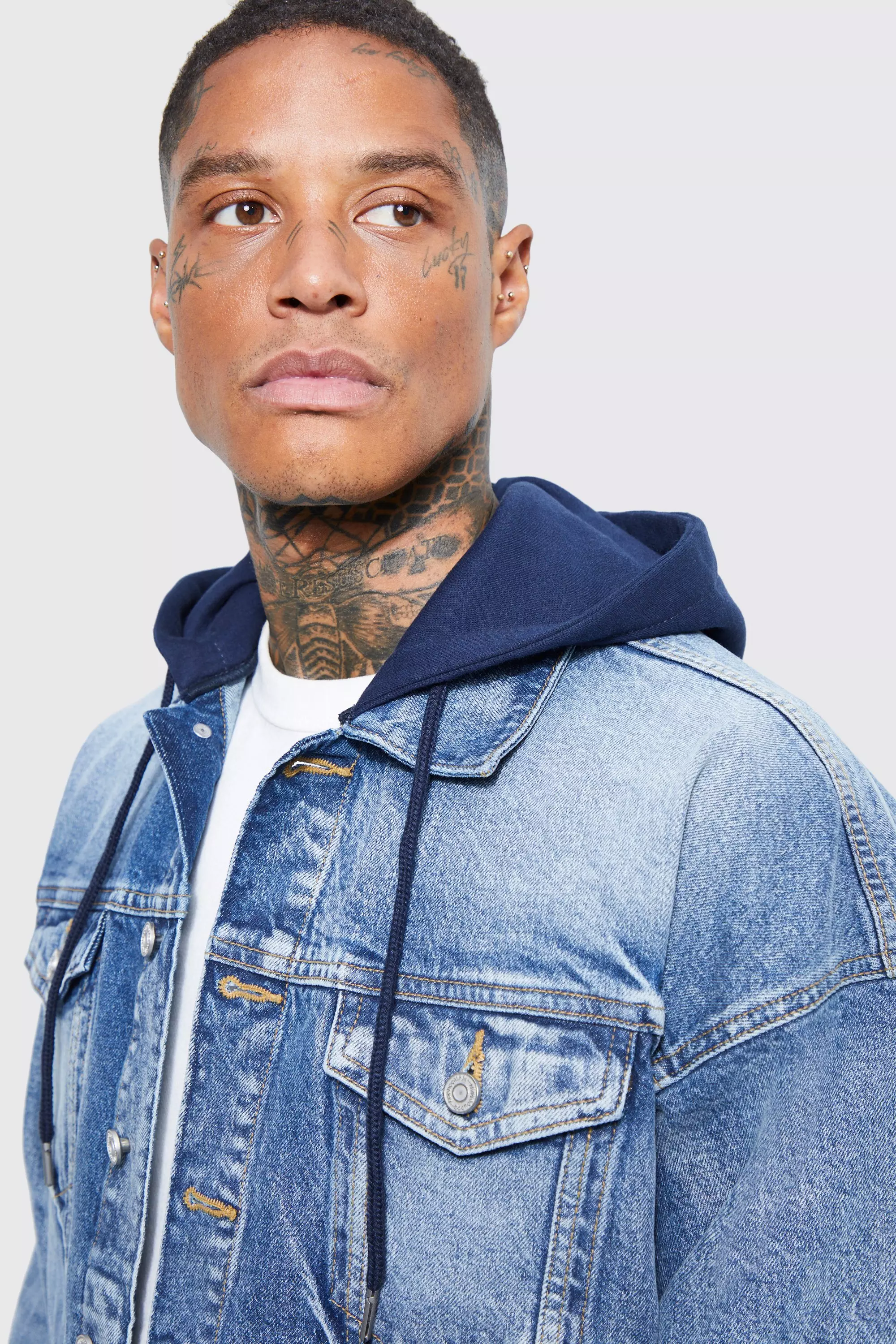 Men's Hooded Denim Jacket in Mid Blue