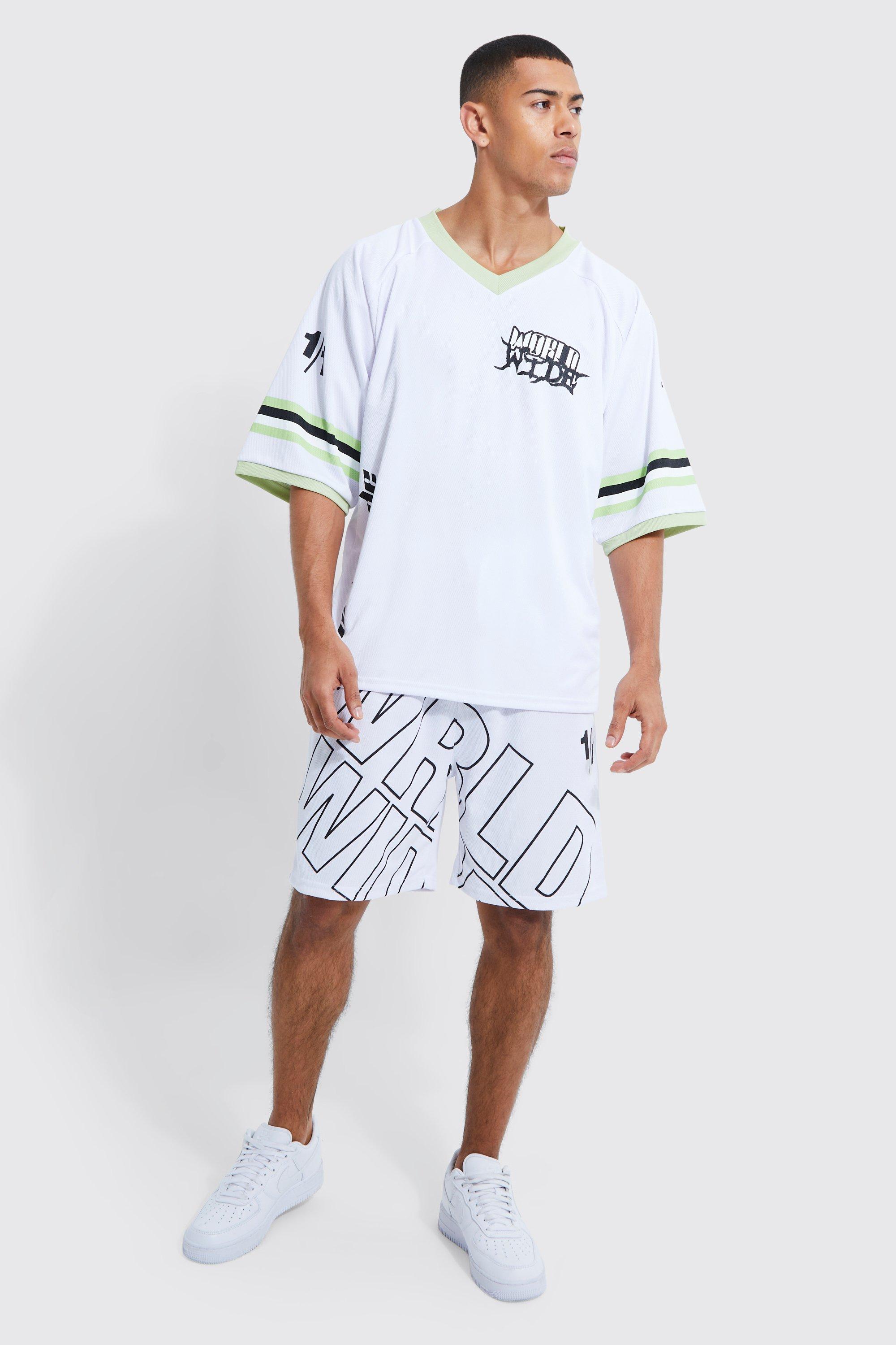 men's worldwide mesh v-neck football t-shirt and short set - white - s, white