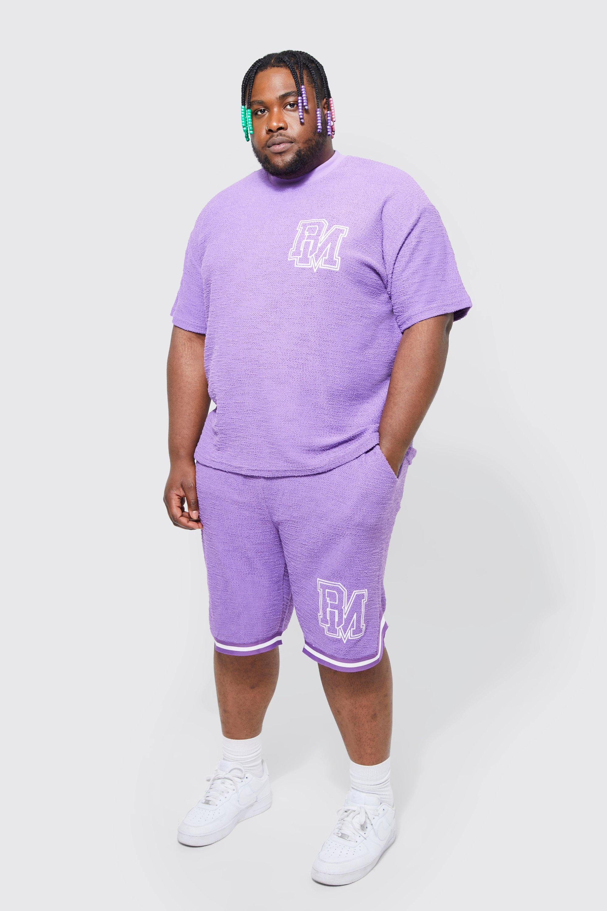 Mens Purple Plus Oversized Bm Textured T-shirt And Short Set, Purple