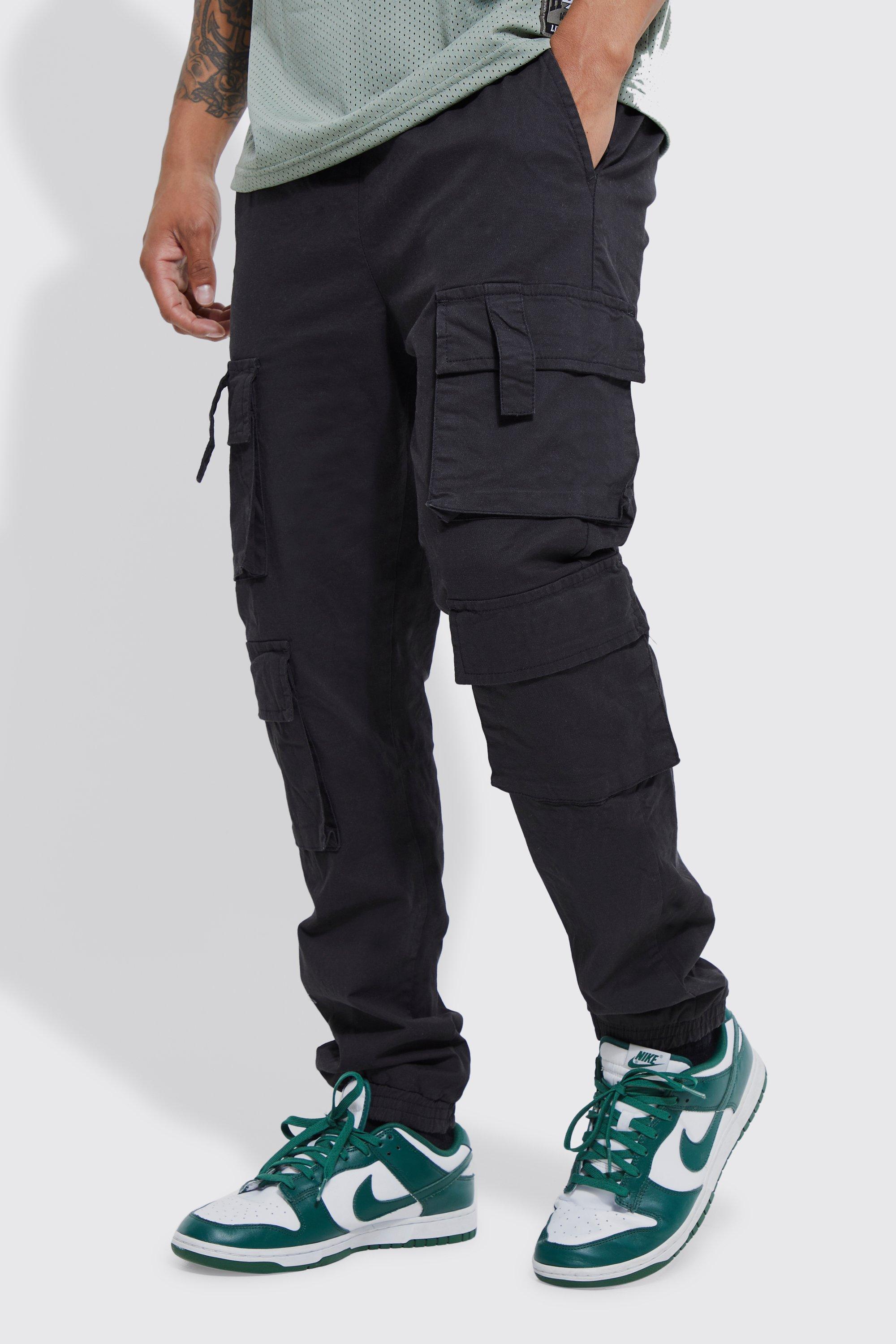 Mens Black Elasticated Waist Multi Cargo Pocket Slim Fit Jogger, Black