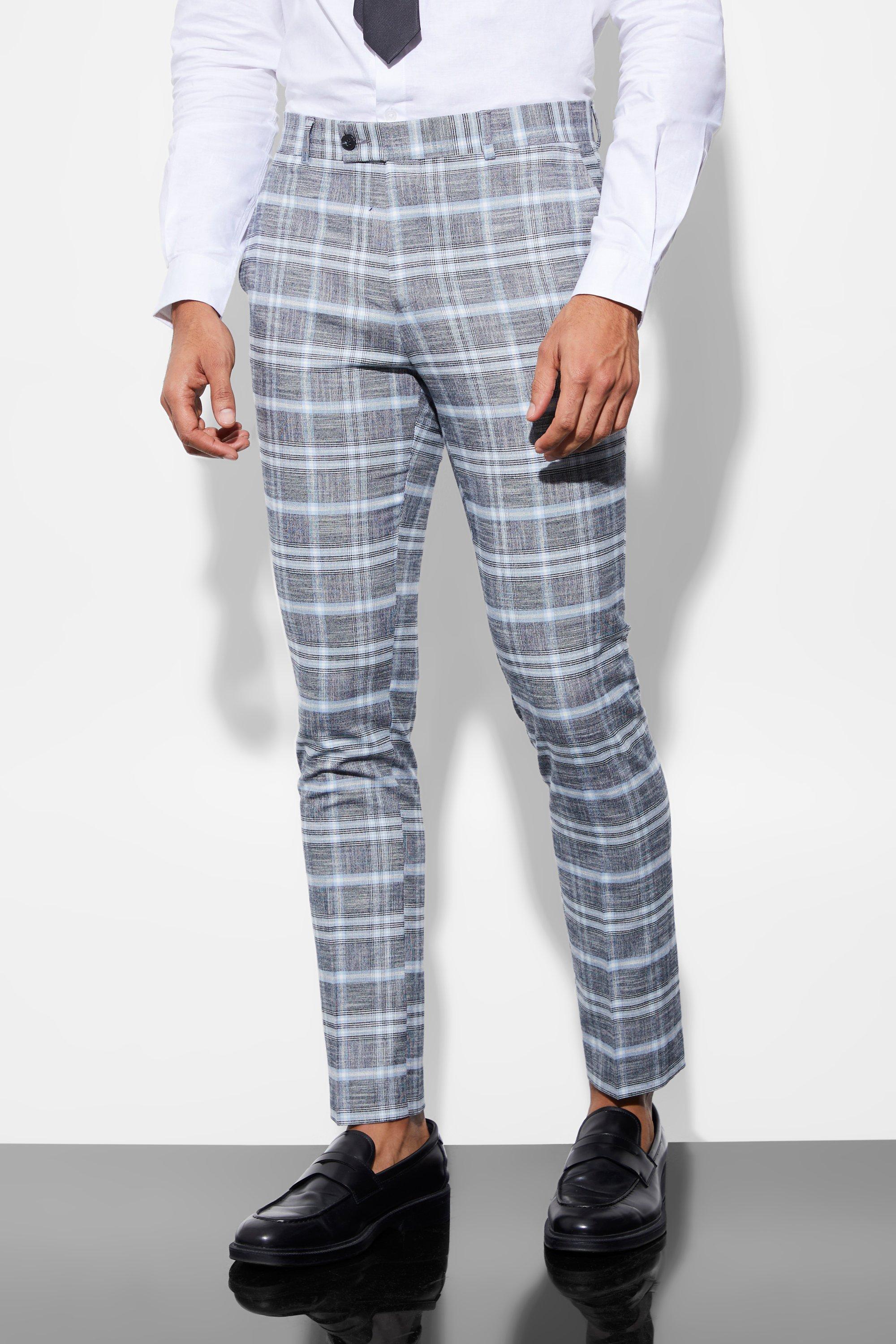 Mens Grey Skinny Fit Checked Suit Trousers, Grey