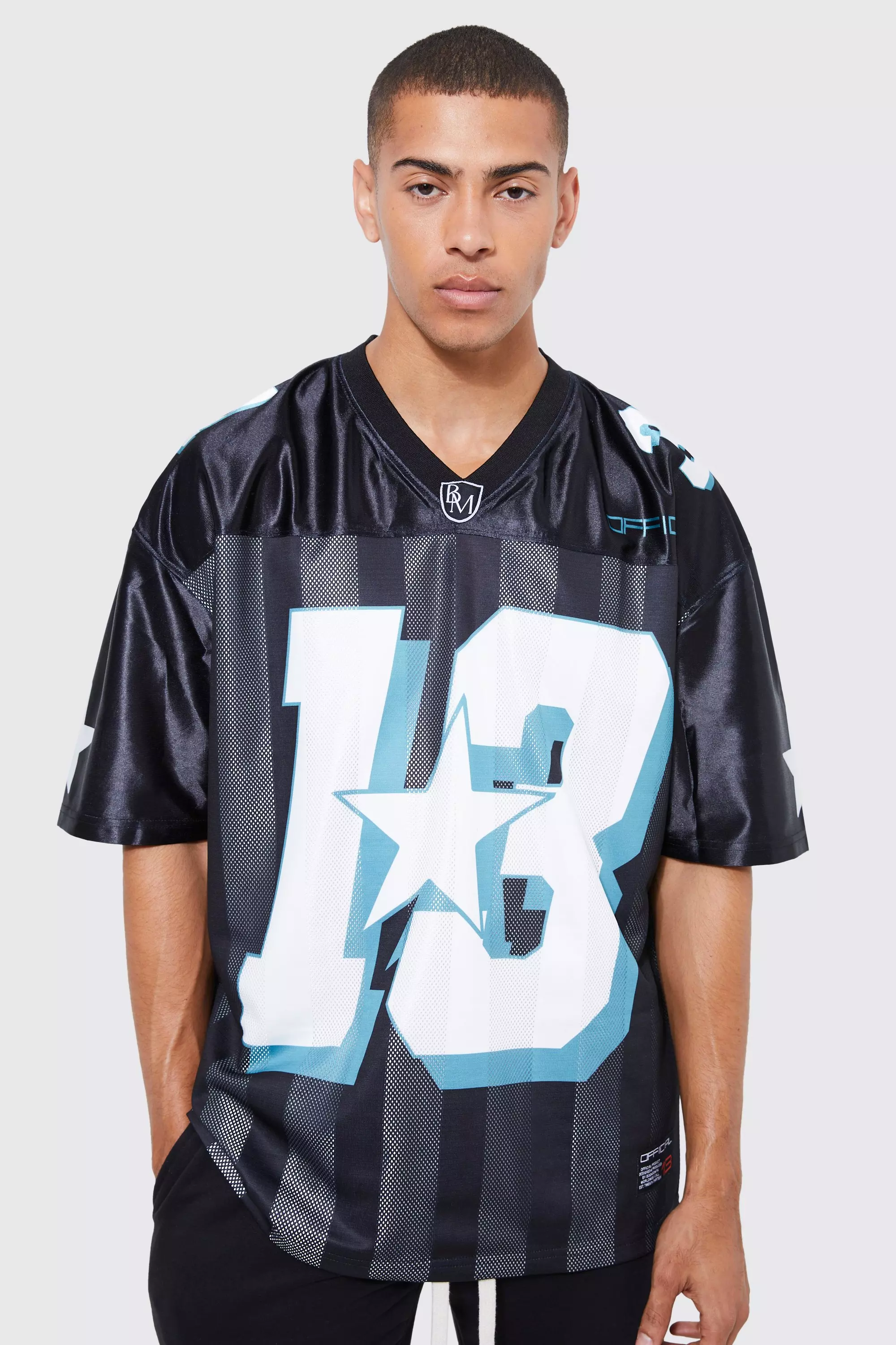 Oversized V Neck Heavy Mesh Football Top | boohooMAN