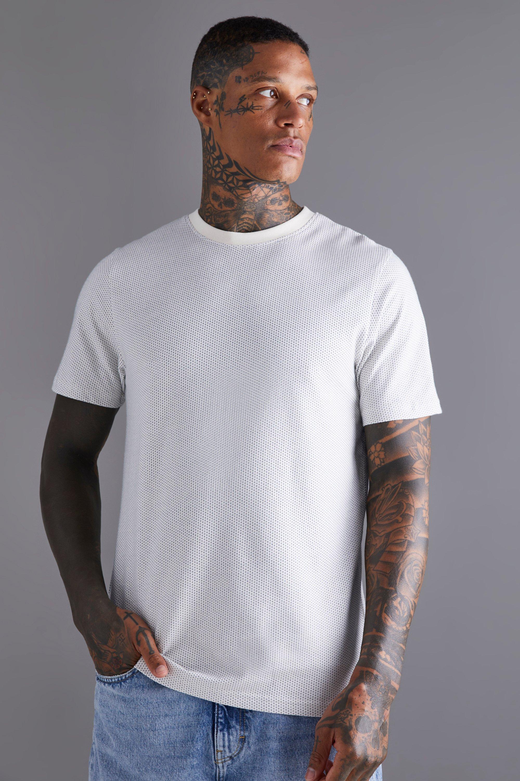 Mens Cream Slim Fit Micro Jacquard T-Shirt, Cream