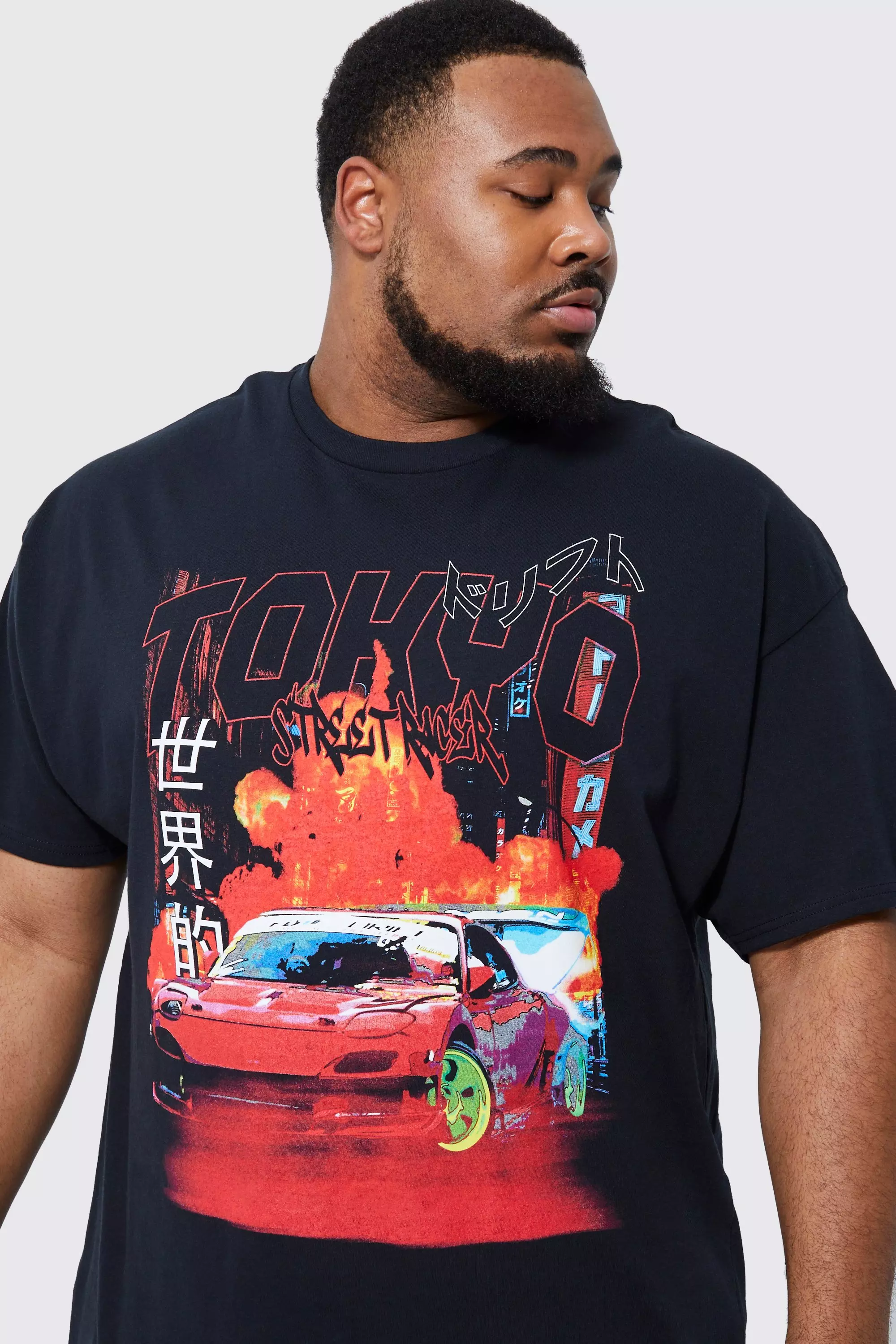 Plus Oversized Tokyo Car Flames T shirt boohooMAN USA