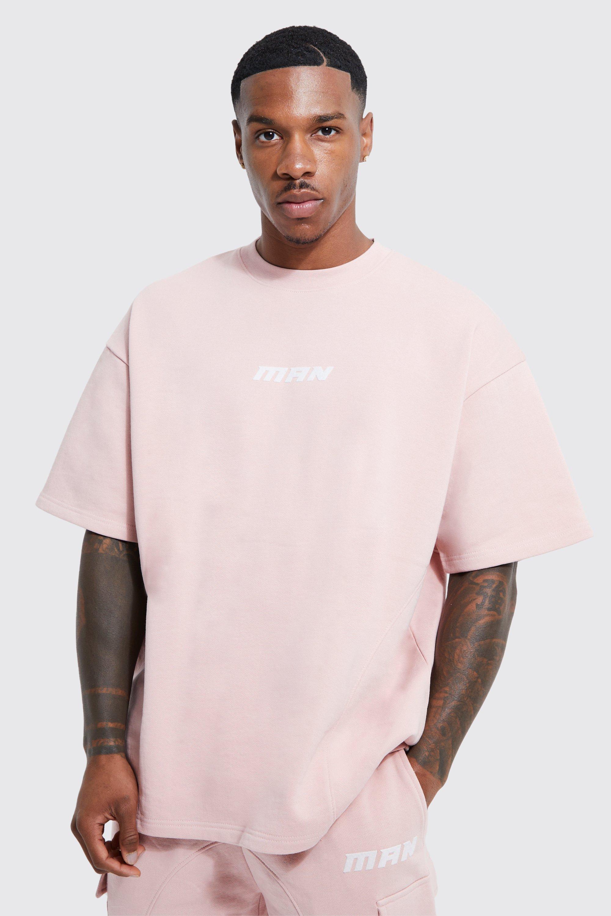 Mens Pink Oversized Flocked Man Panelled T-shirt, Pink