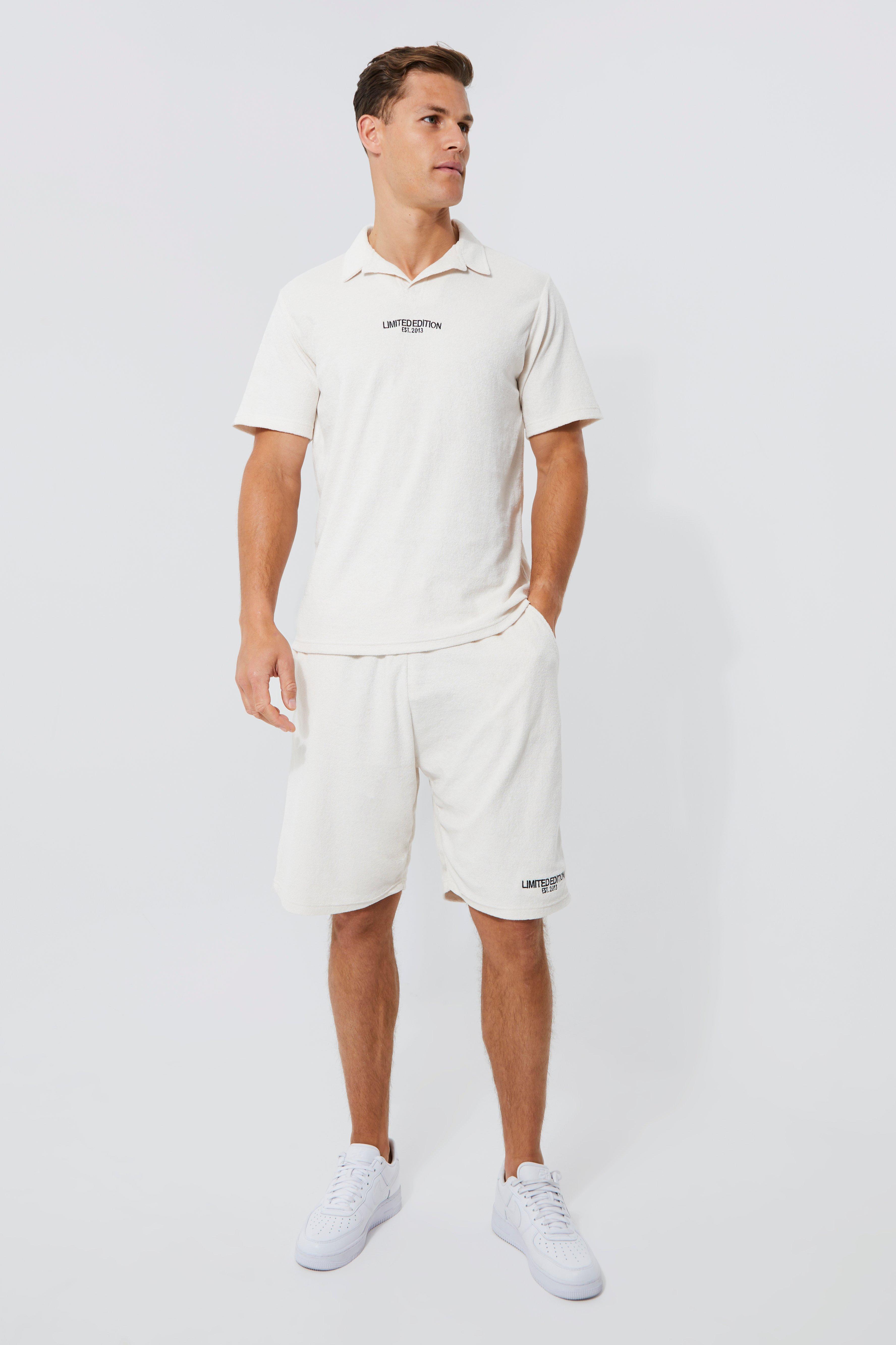 Mens Cream Tall Embroidered Towelling Polo And Short Set, Cream