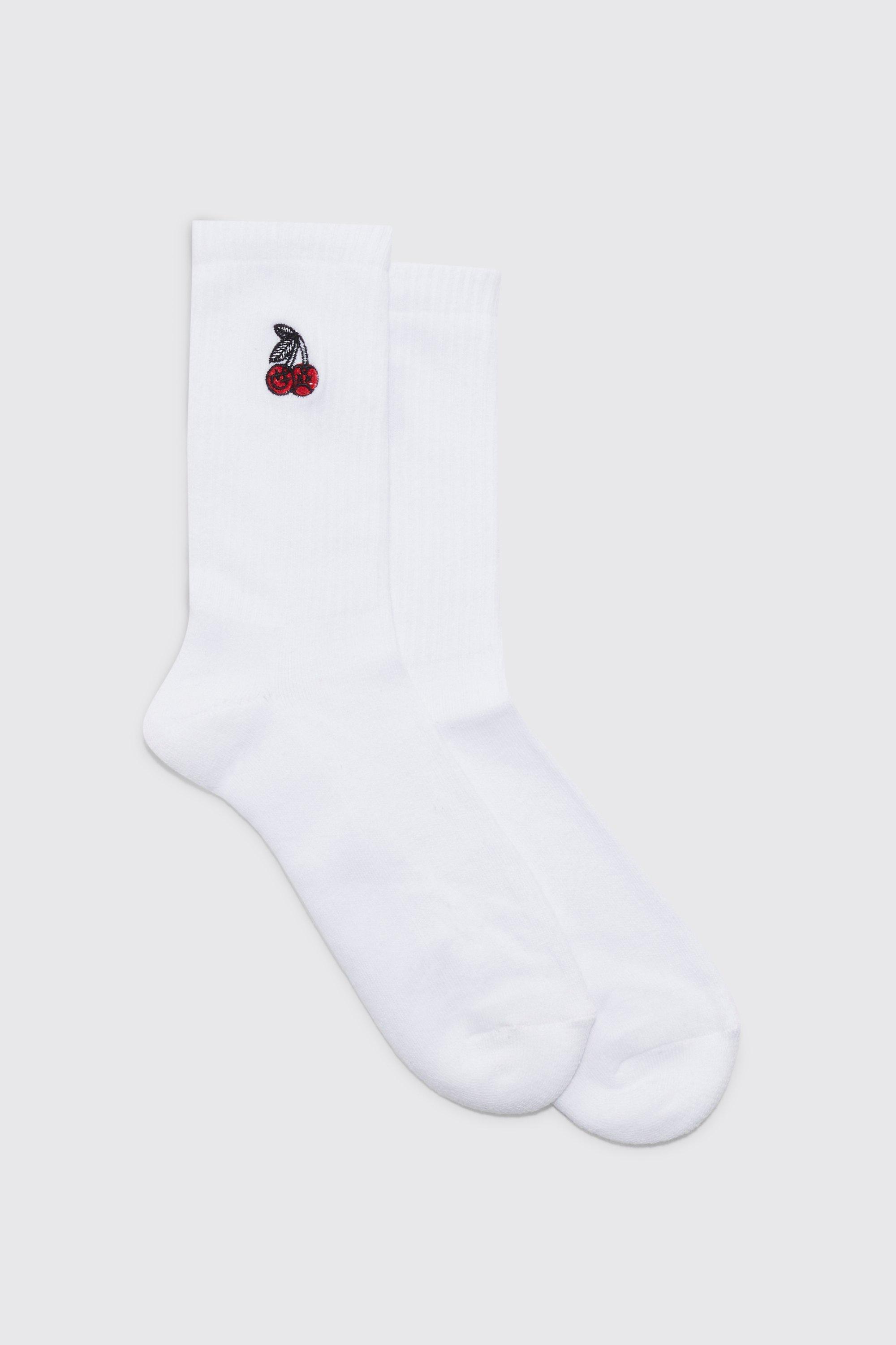 men's cherry embroidered sports socks - white - one size, white
