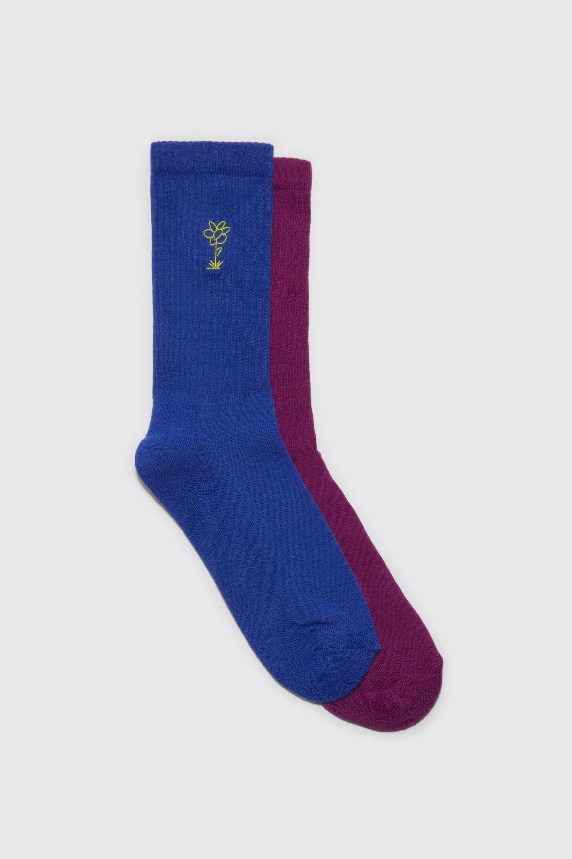 Mens Multi 2 Pack Flower Embroidered Sports Socks, Multi