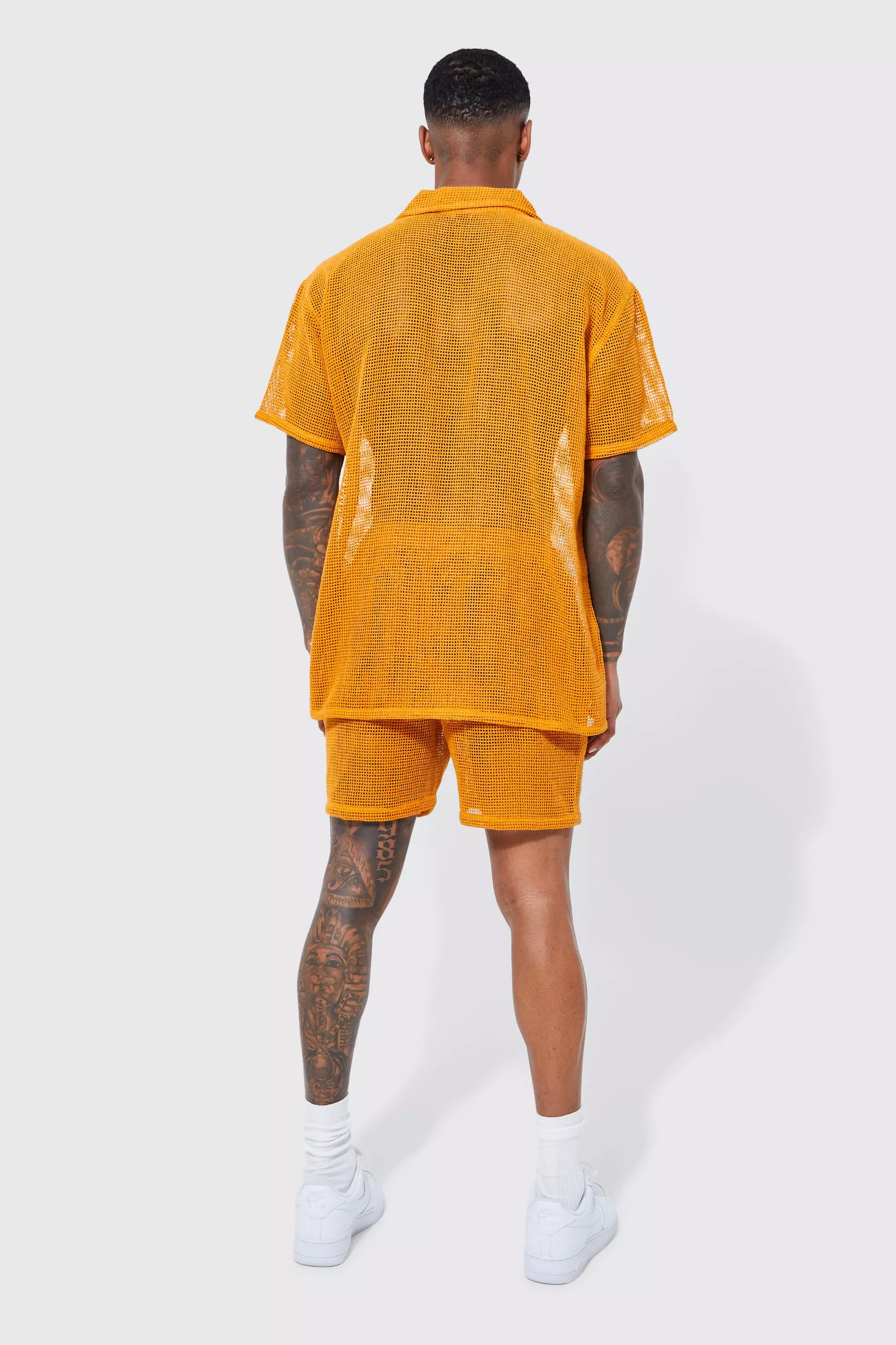 Short Sleeve Open Weave Shirt And Short Set | boohooMAN USA