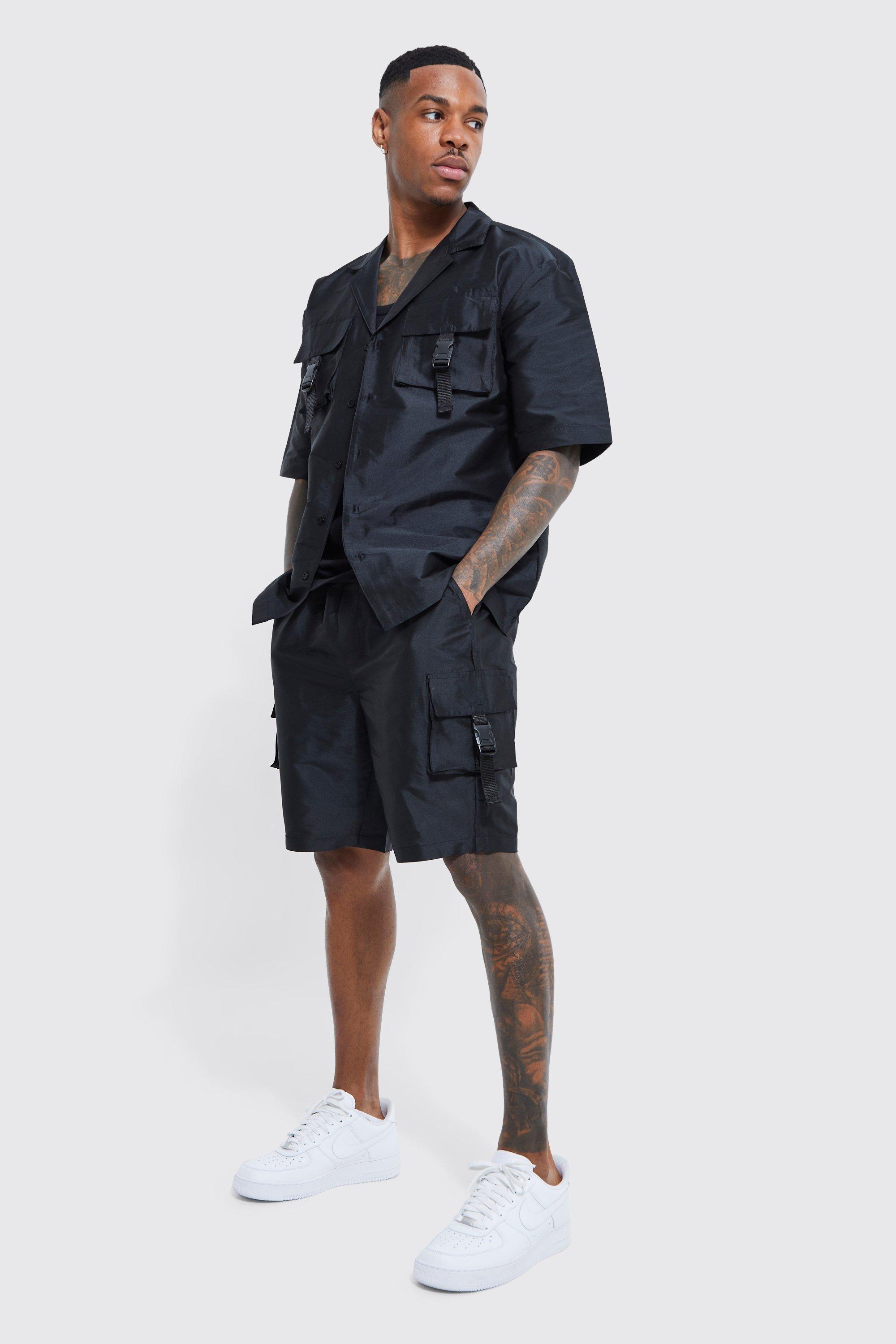 Mens Black Short Sleeve Revere Utility Shirt & Cargo Short Set, Black