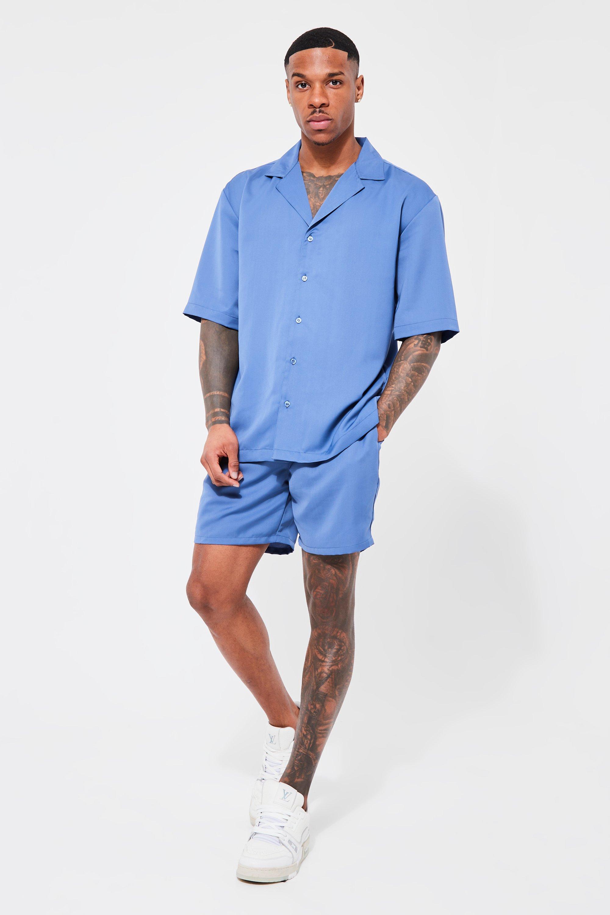 Mens Blue Short Sleeve Drop Revere Satin Shirt And Short Set, Blue