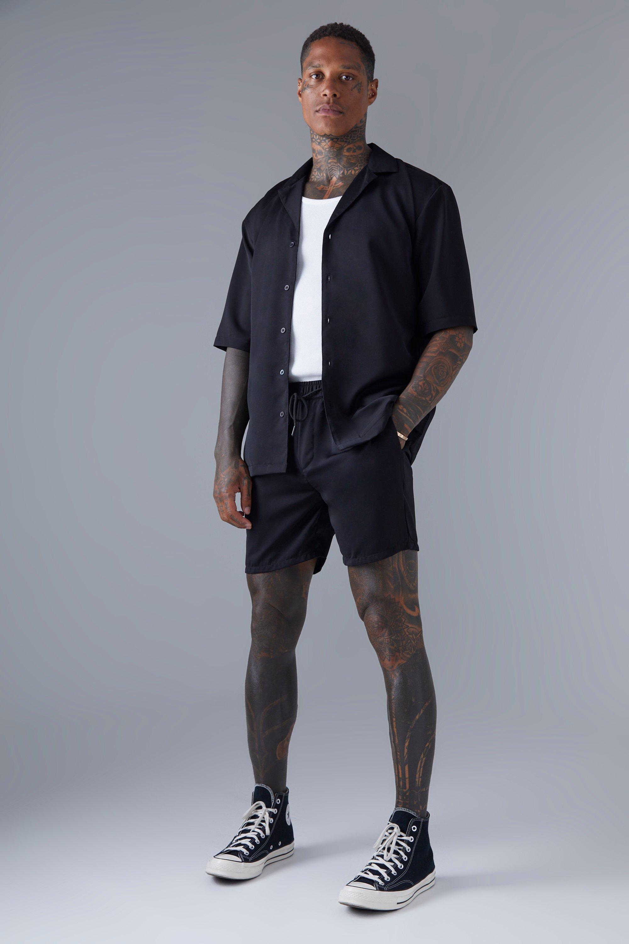 Mens Black Short Sleeve Drop Revere Satin Shirt And Short Set, Black