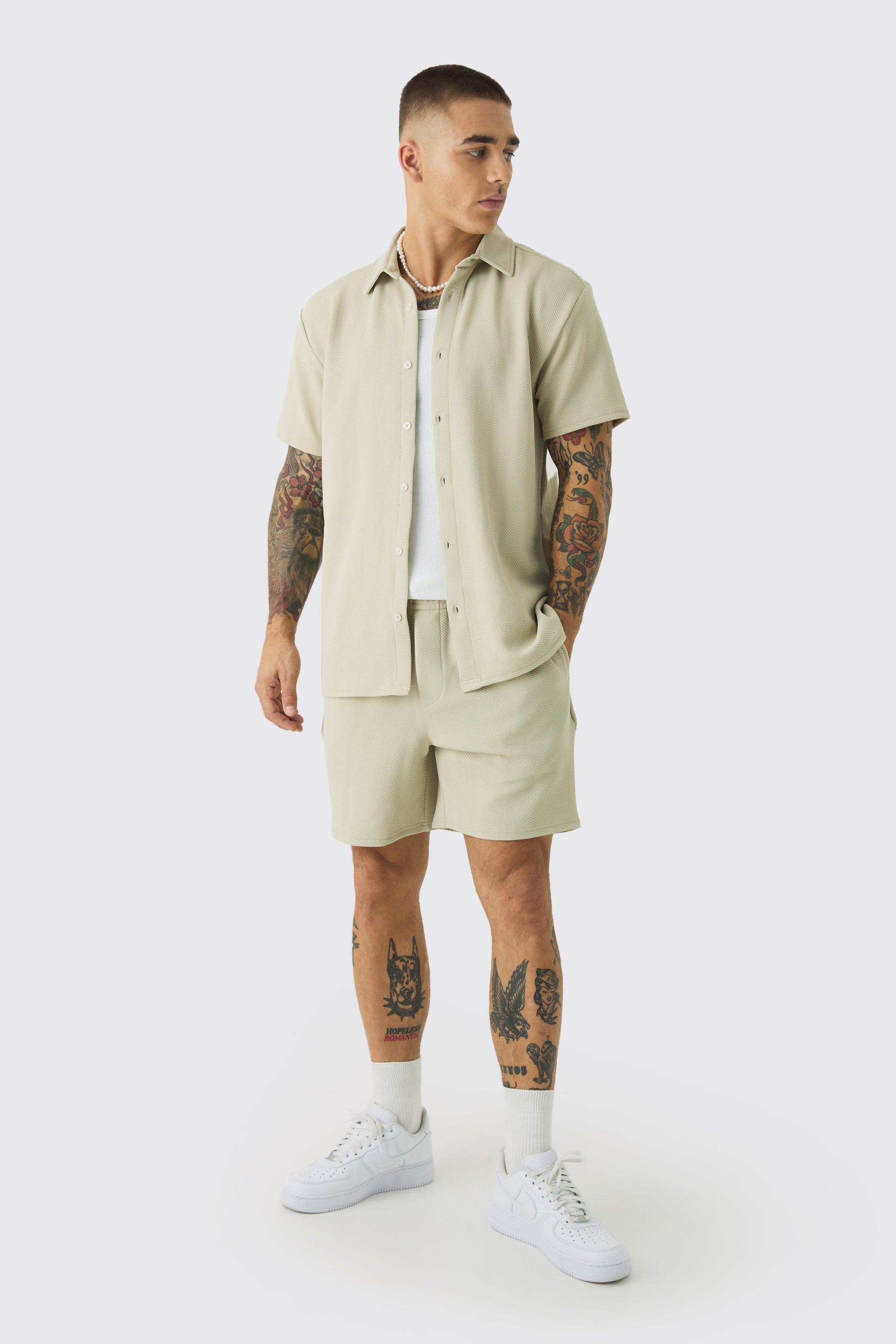 Mens Beige Short Sleeve Jersey Herringbone Shirt And Short Set, Beige