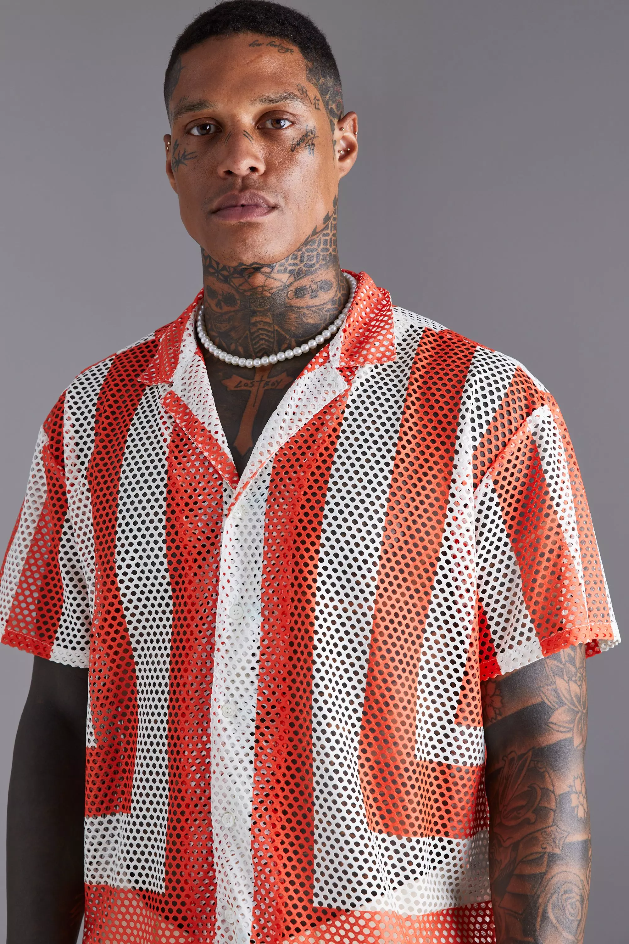 Short Sleeve Boxy Border Crochet Shirt | boohooMAN USA