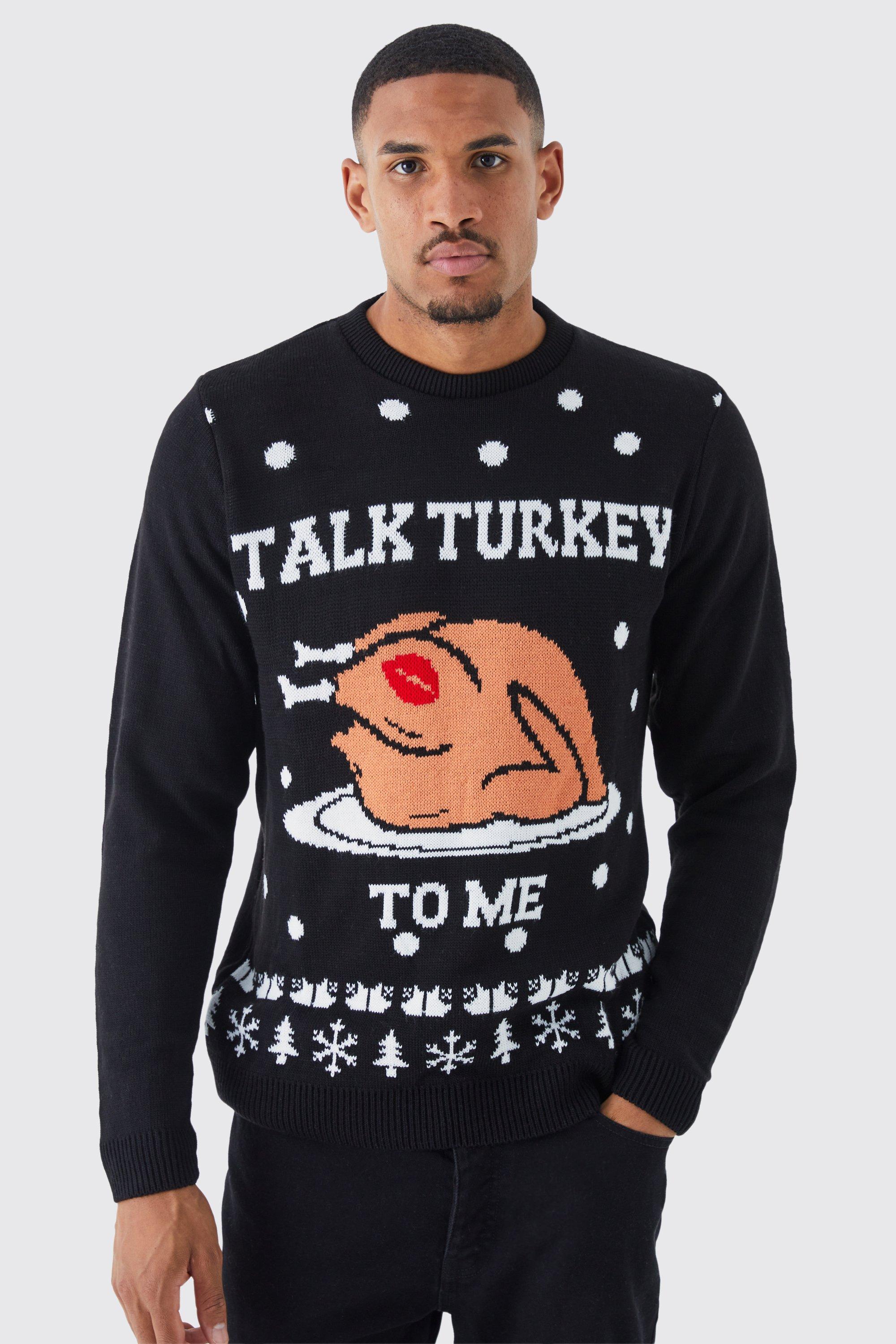 Mens Black Tall Talk Turkey To Me Christmas Jumper, Black