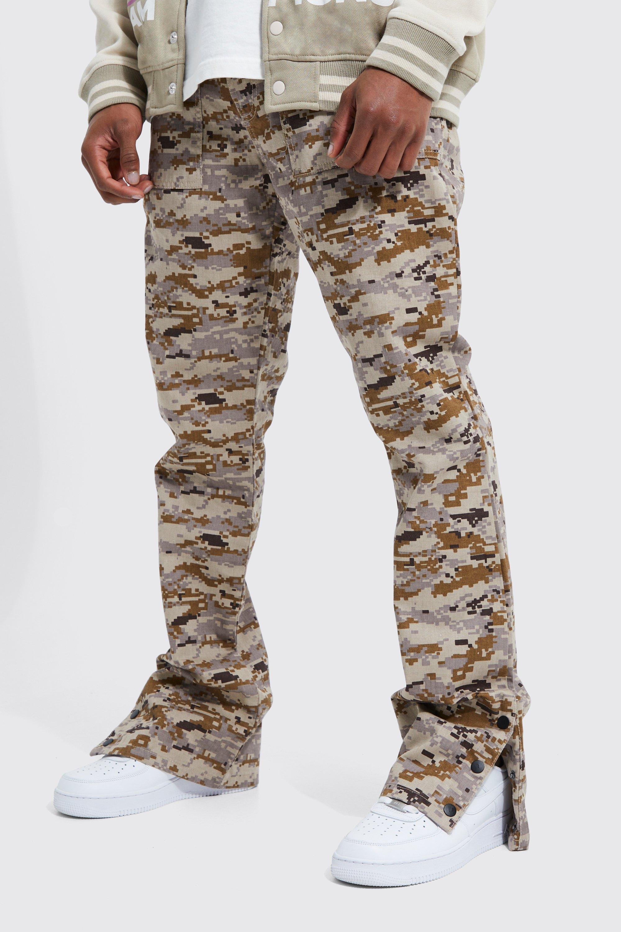 Mens Beige Fixed Waist Slim Flare Cargo Camo Trouser, Beige