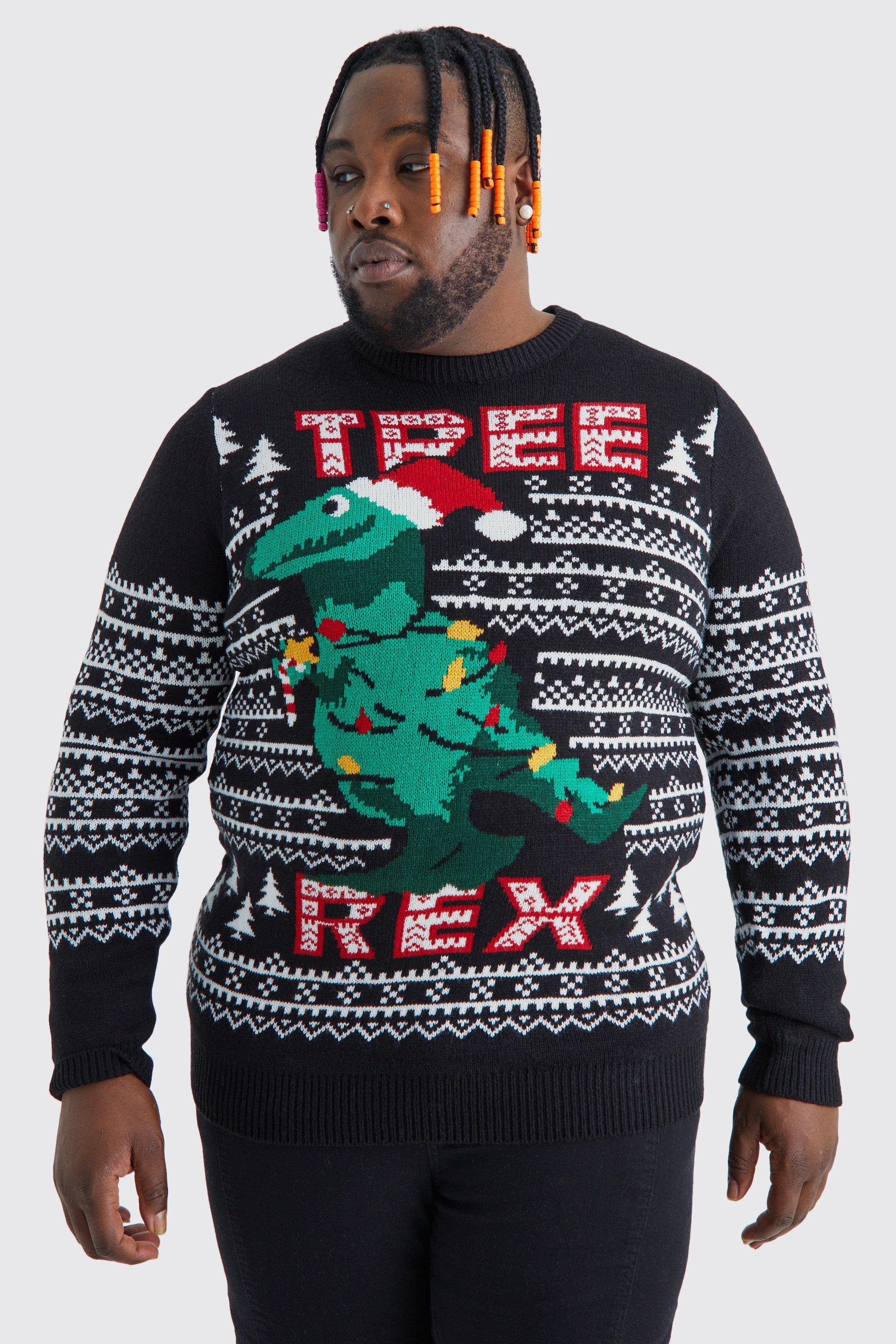 Mens Black Plus Tree Rex Christmas Jumper, Black