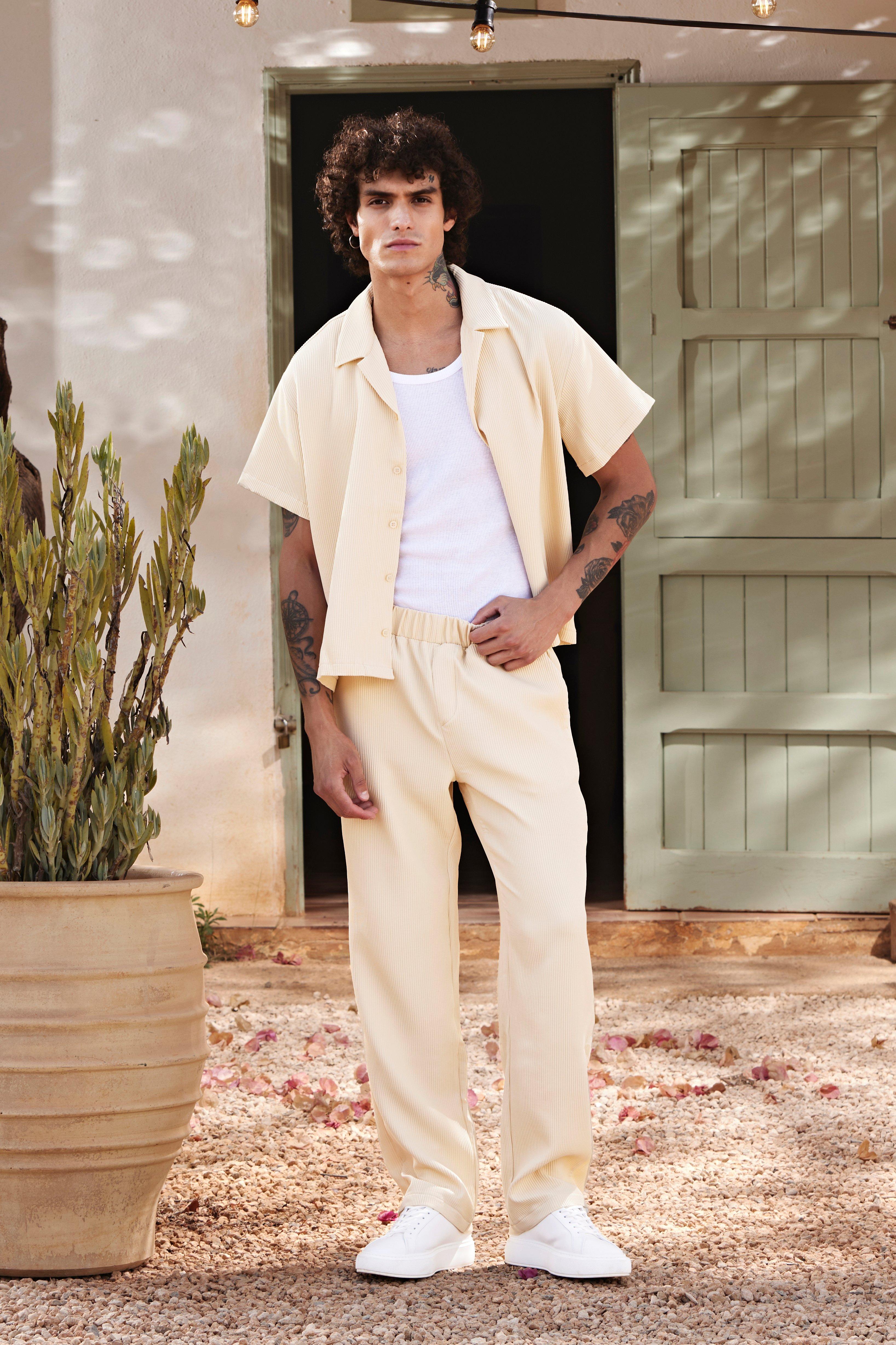 Mens Beige Pleated Boxy Shirt And Straight Trouser, Beige