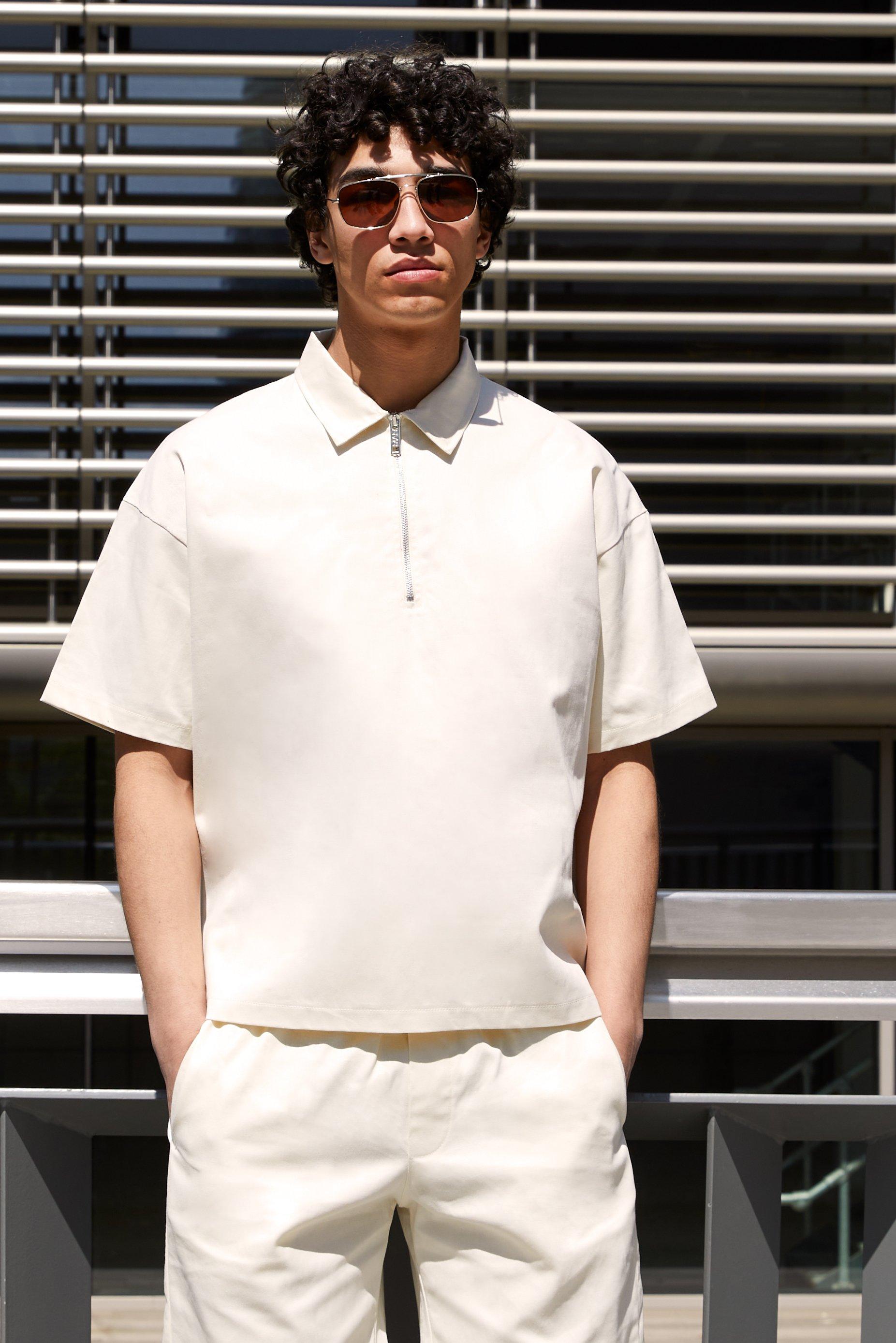 mens beige short sleeve 1/4 neck oversized polo twill shirt, beige