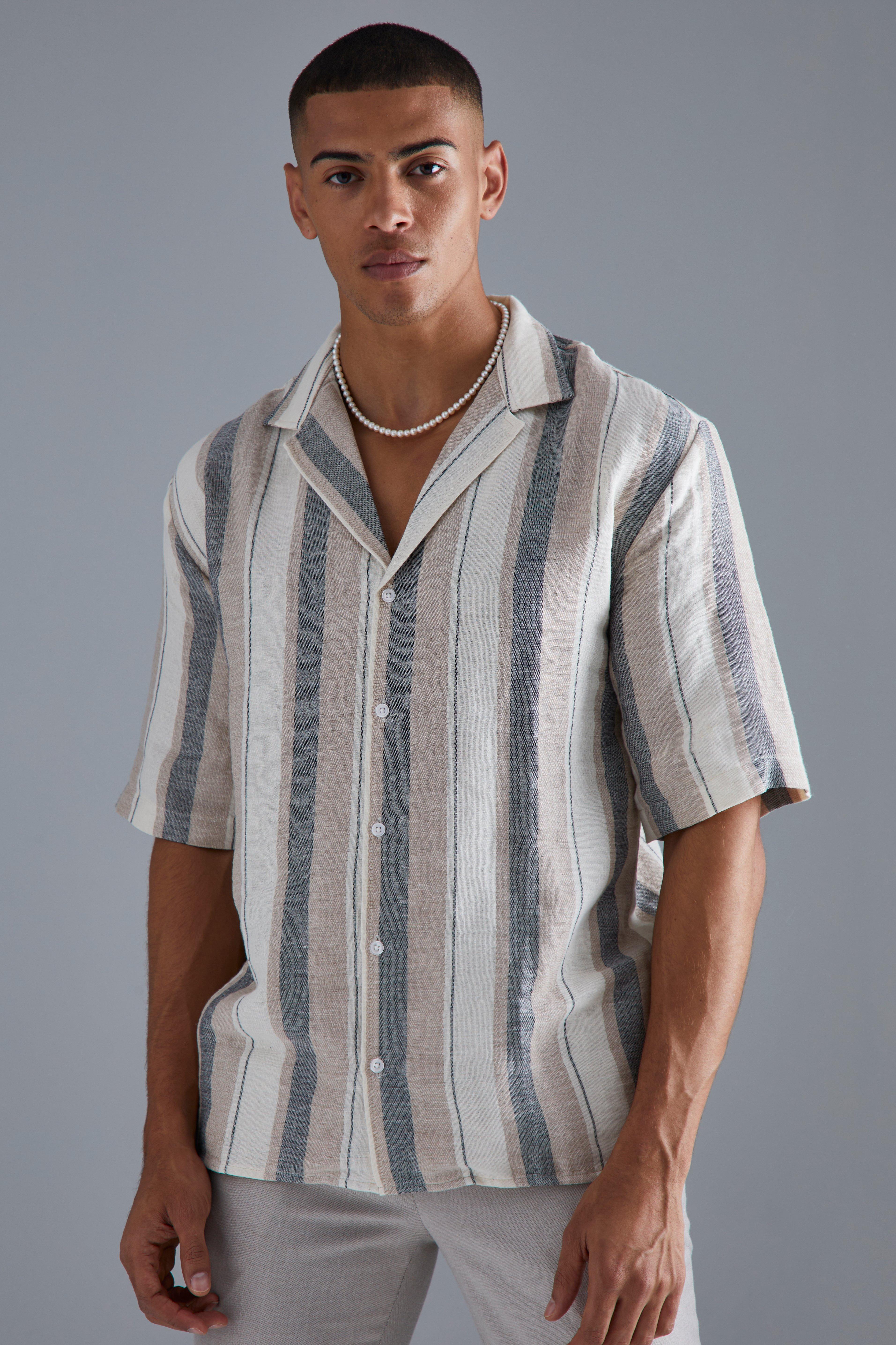 Mens Beige Short Sleeve Drop Revere Stripe Linen Shirt, Beige