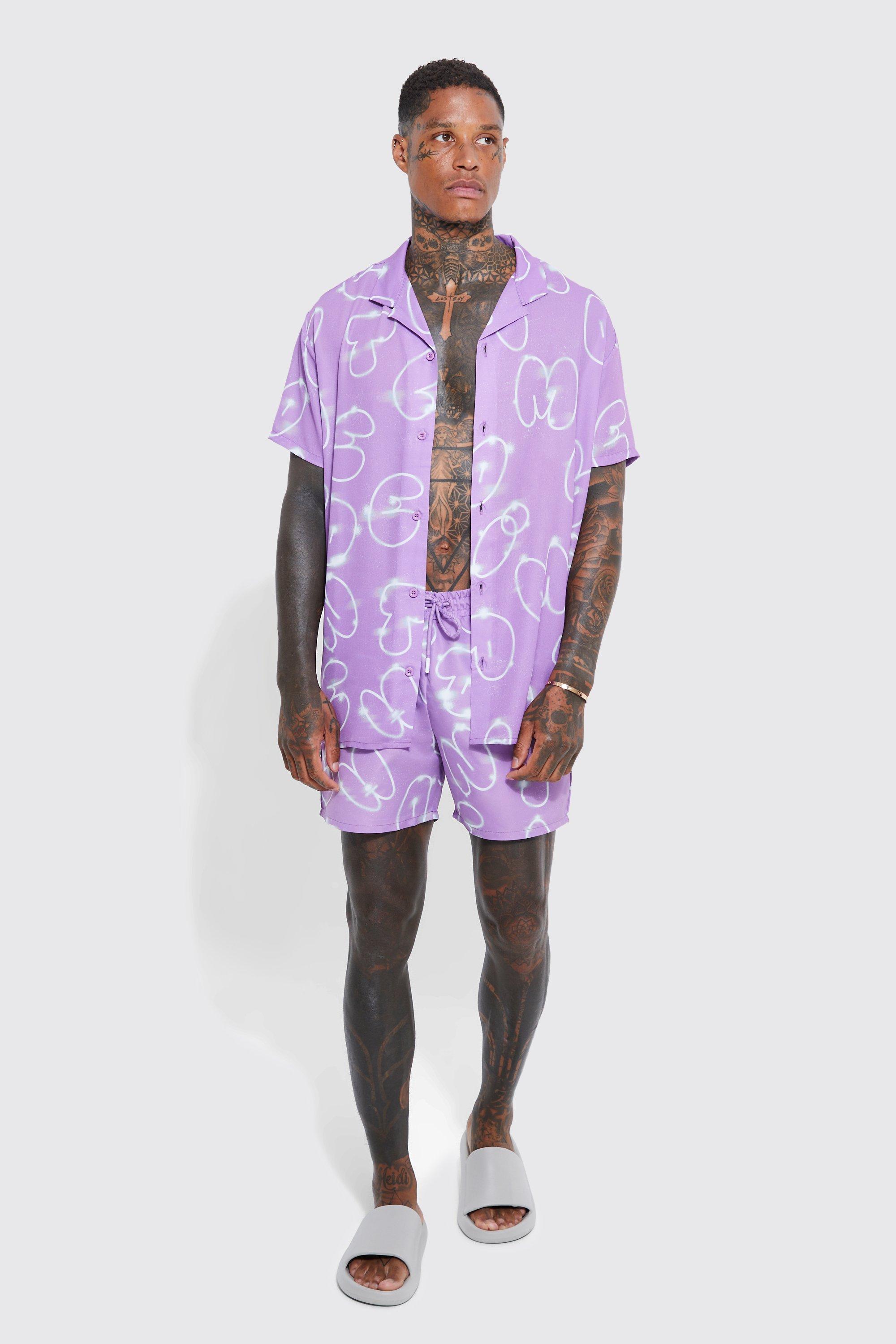mens purple short sleeve oversized poly branded shirt and swim set, purple