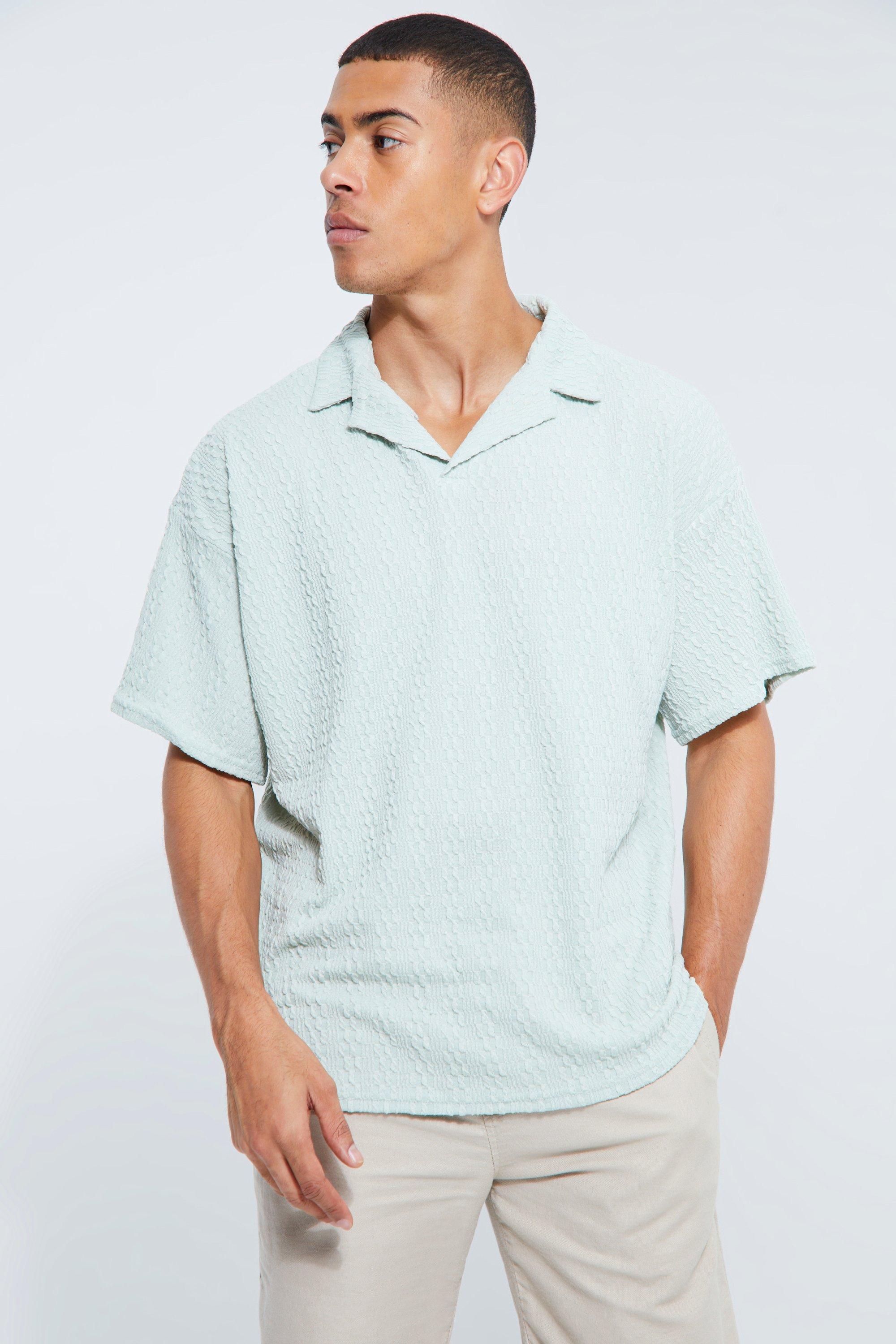 Mens Green Oversized Textured Jersey Revere Polo, Green