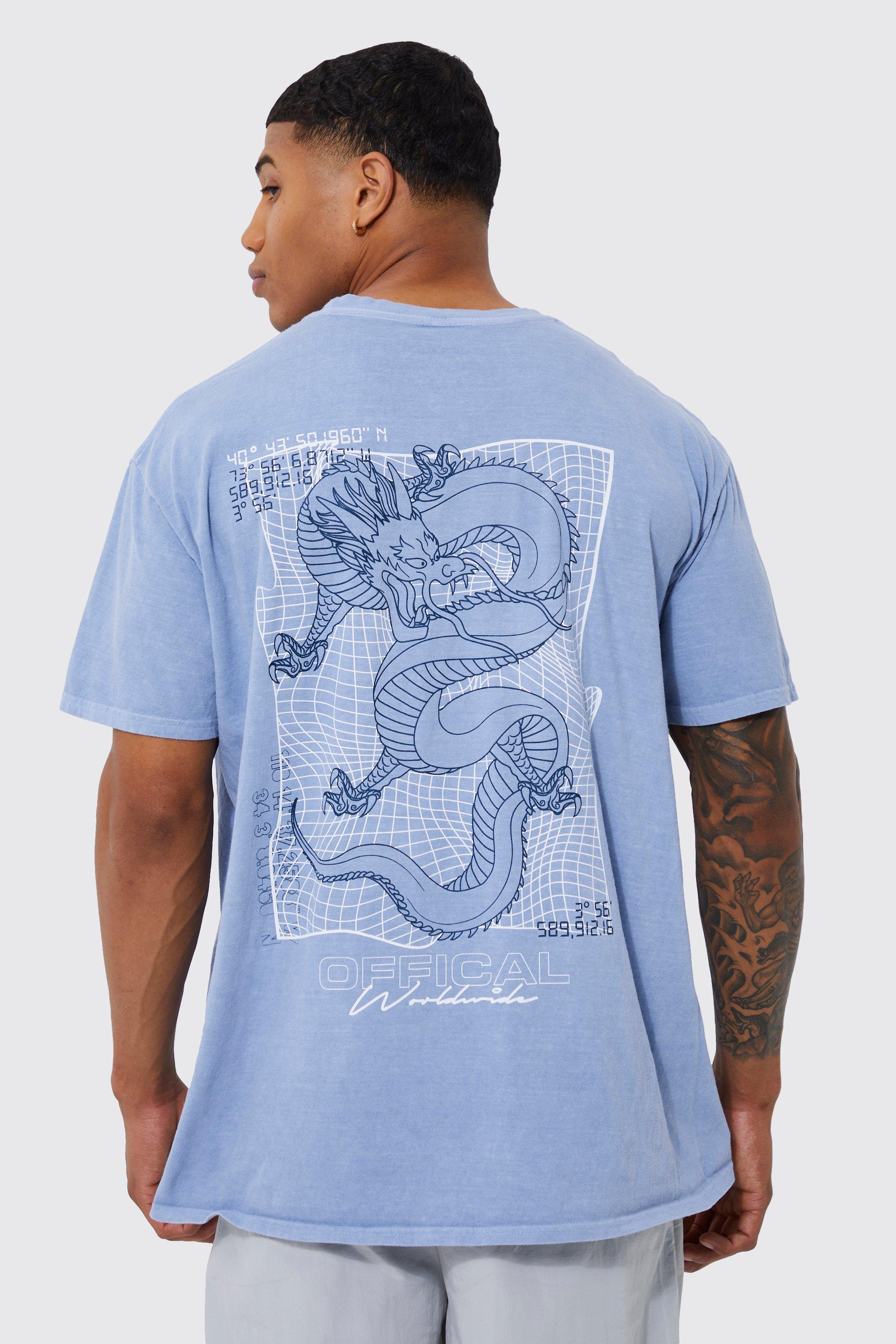 Mens Blue Oversized Washed Dragon Graphic T-shirt, Blue