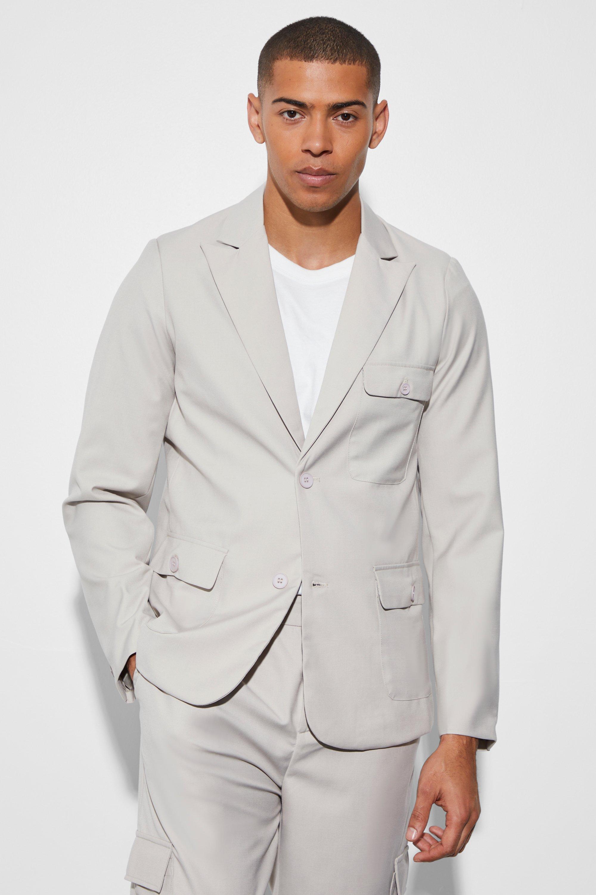 Mens Beige Slim Single Breasted Cargo Suit Jacket, Beige