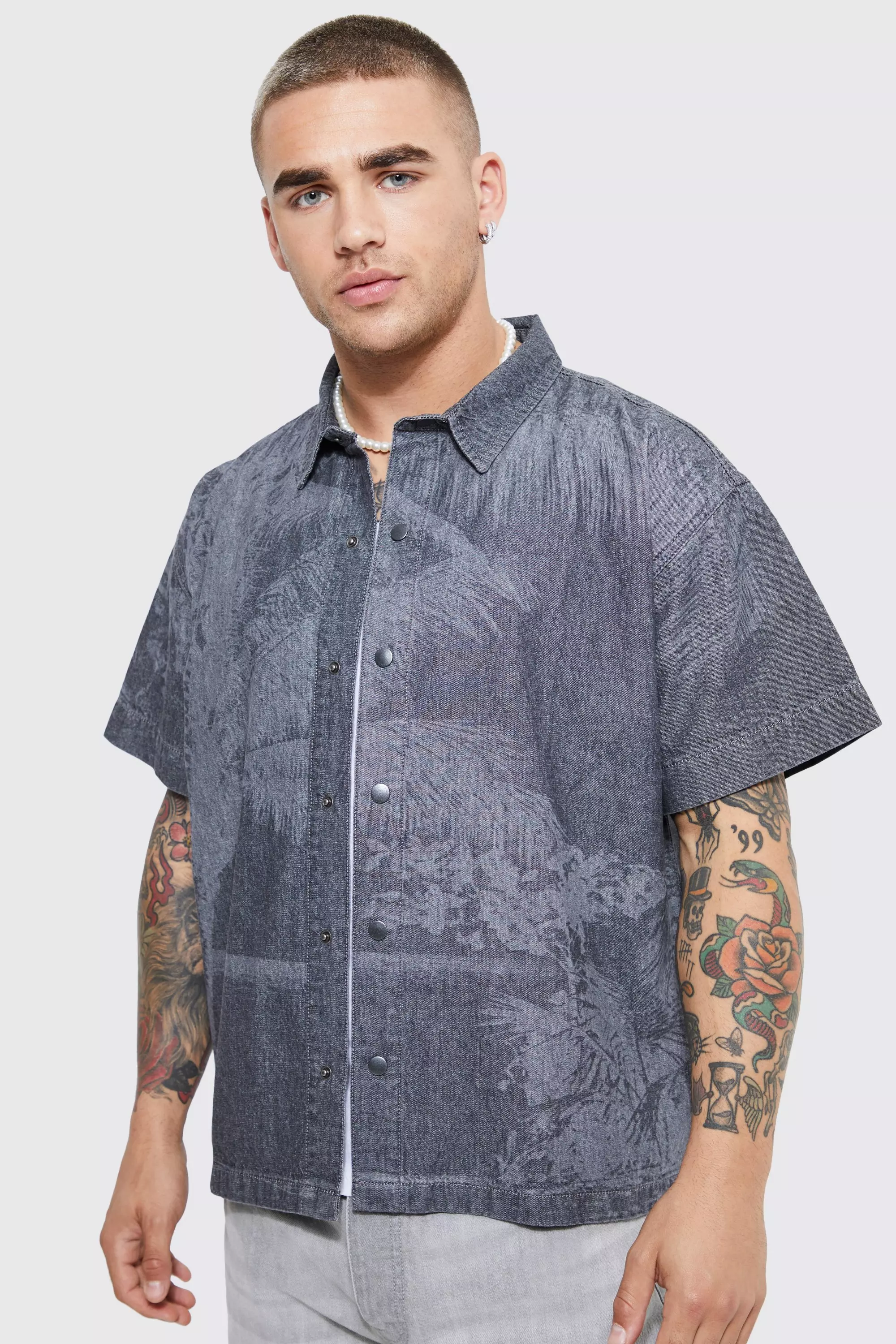 Printed Blue Men's Half Sleeve Denim Shirt