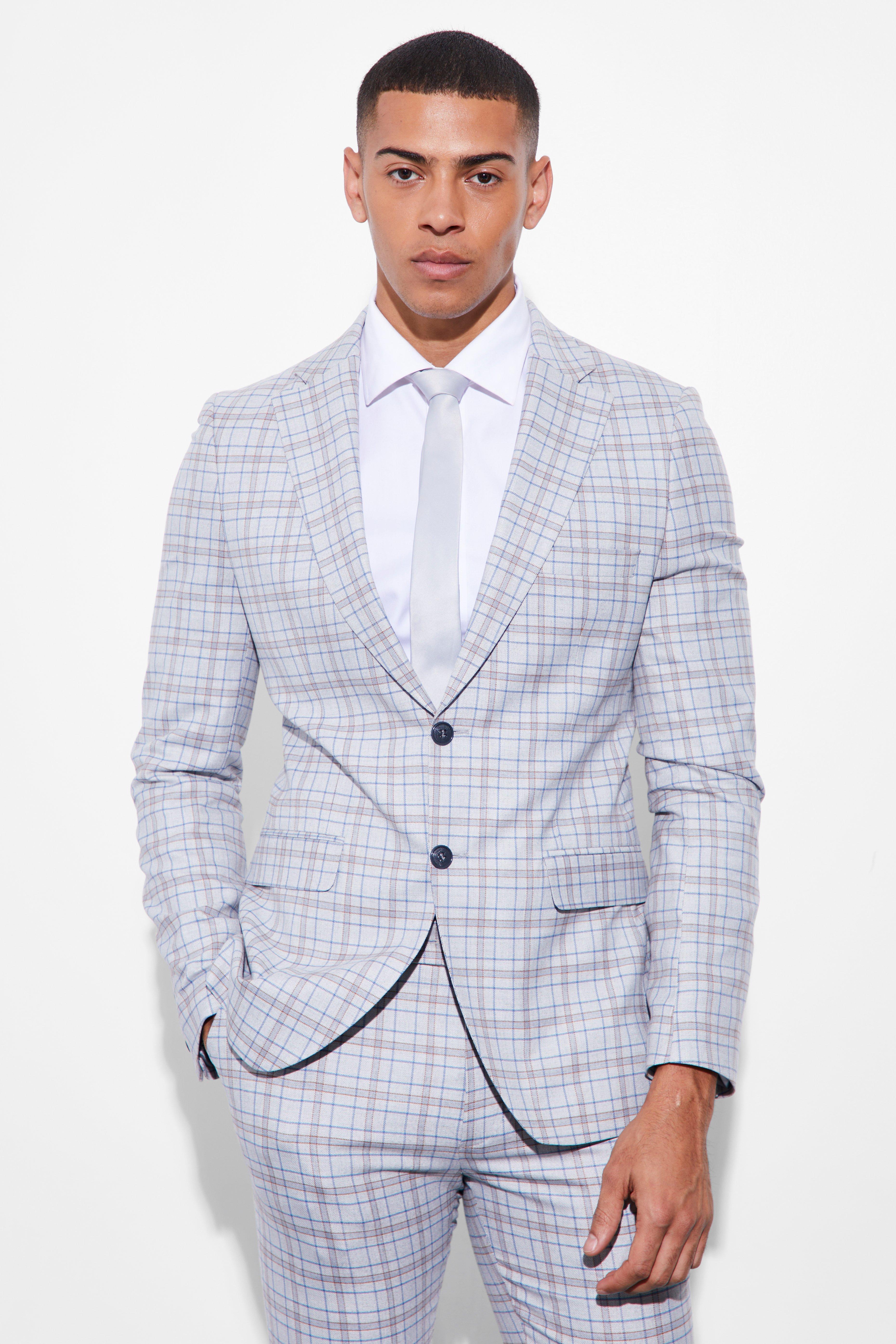 Mens Grey Skinny Single Breasted Check Suit Jacket, Grey