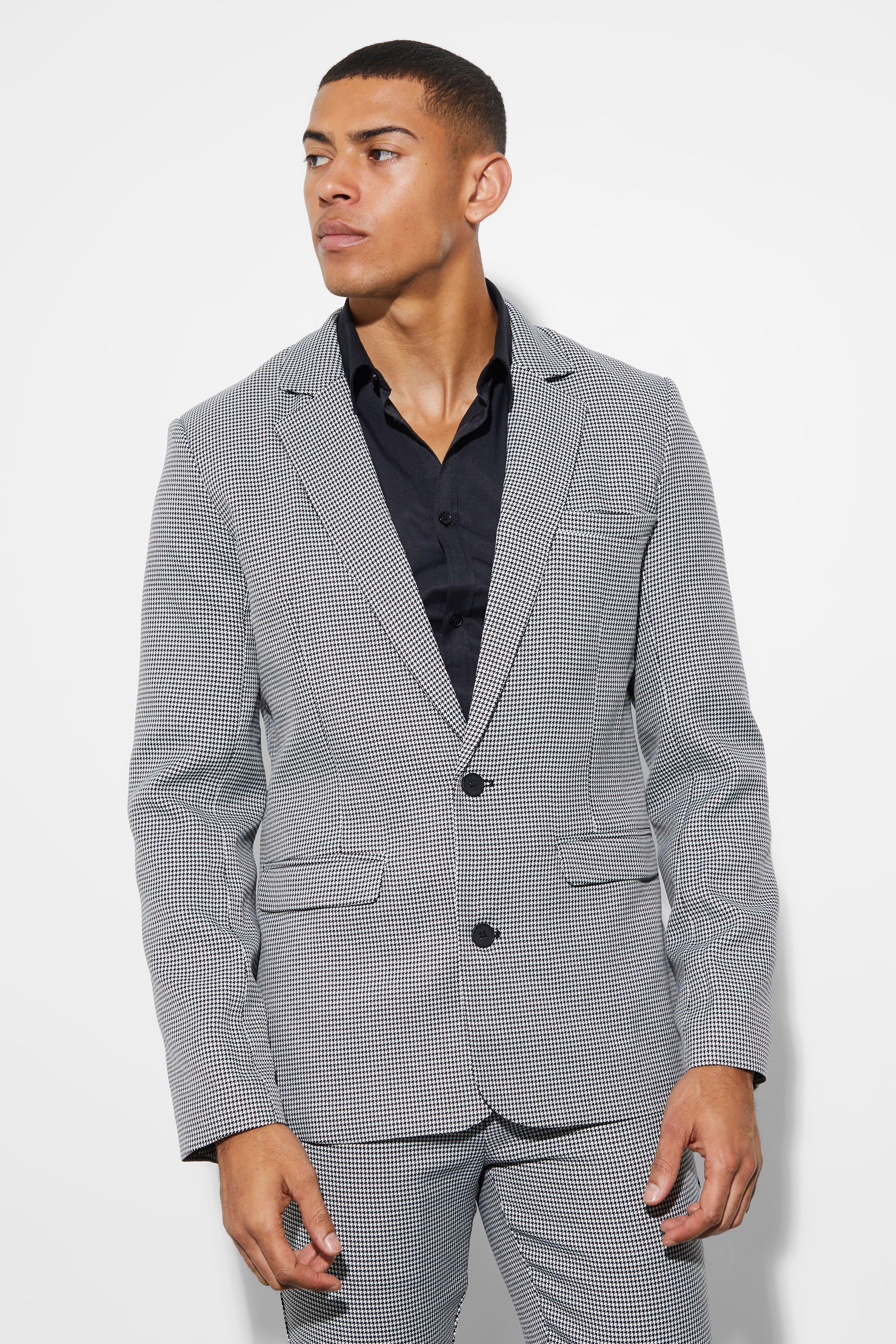 Mens Black Skinny Single Breasted Dogtooth Suit Jacket, Black