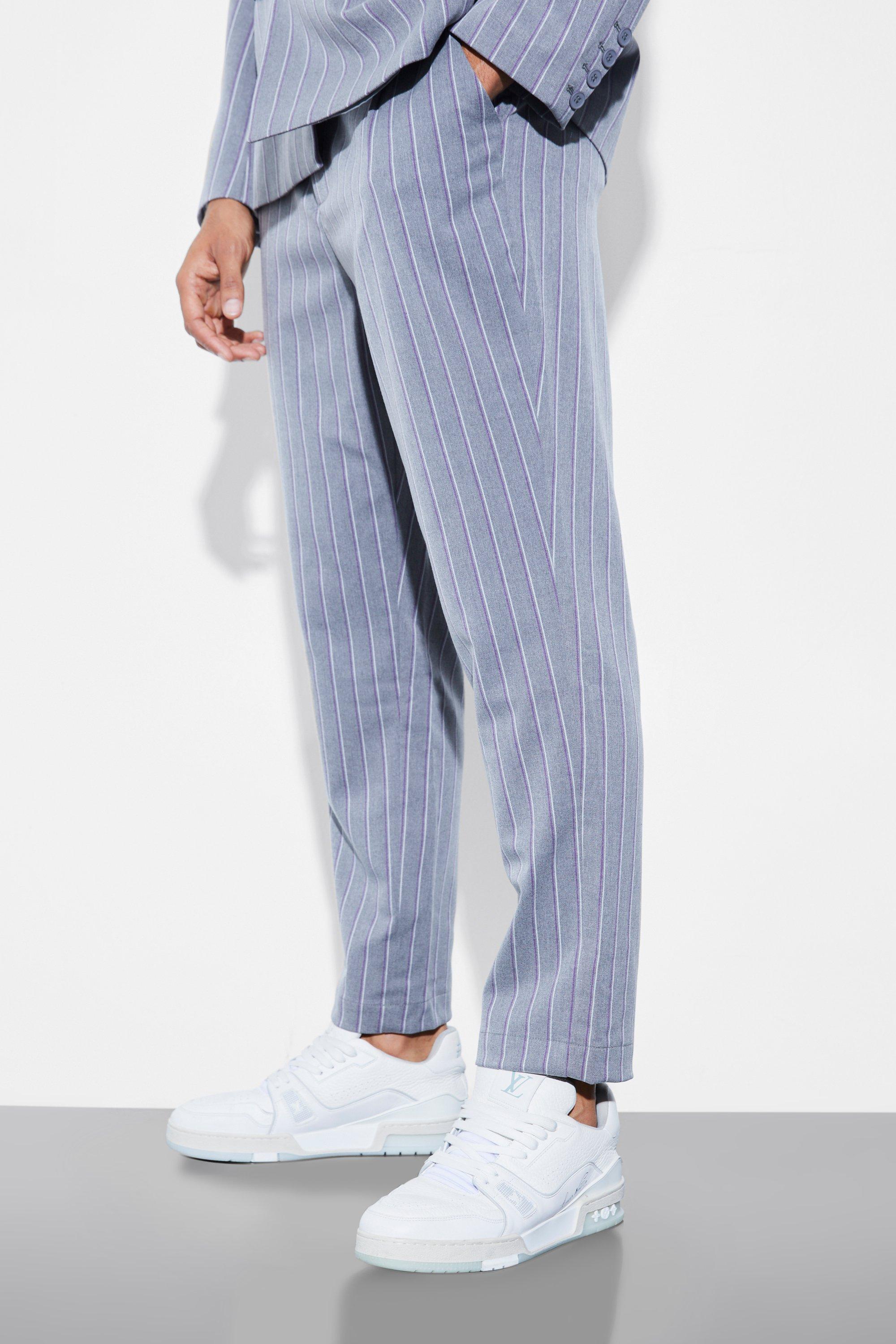 Mens Grey Tapered Stripe Suit Trousers, Grey