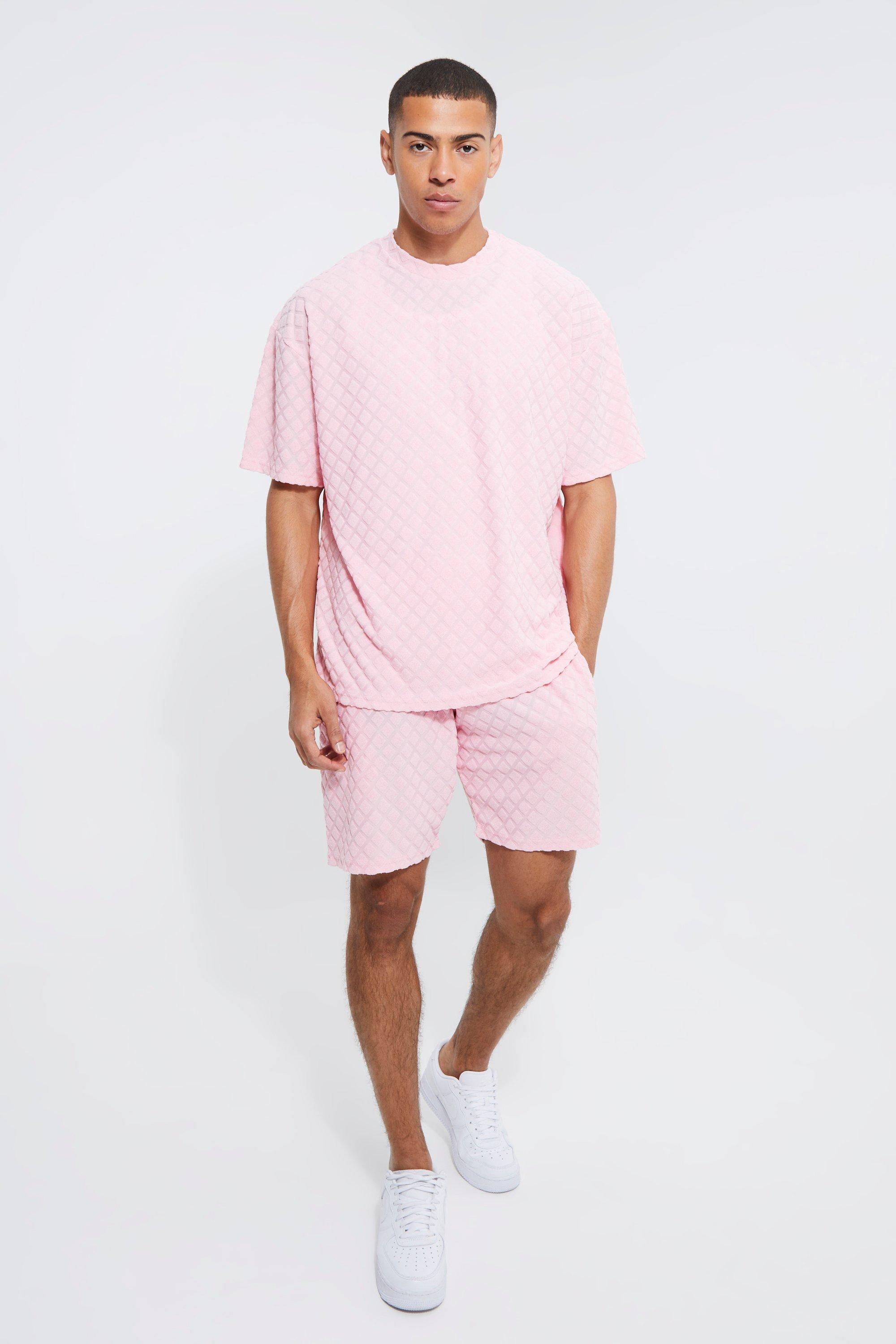 Mens Pink Oversized Diamond Towelling T-shirt & Short Set, Pink