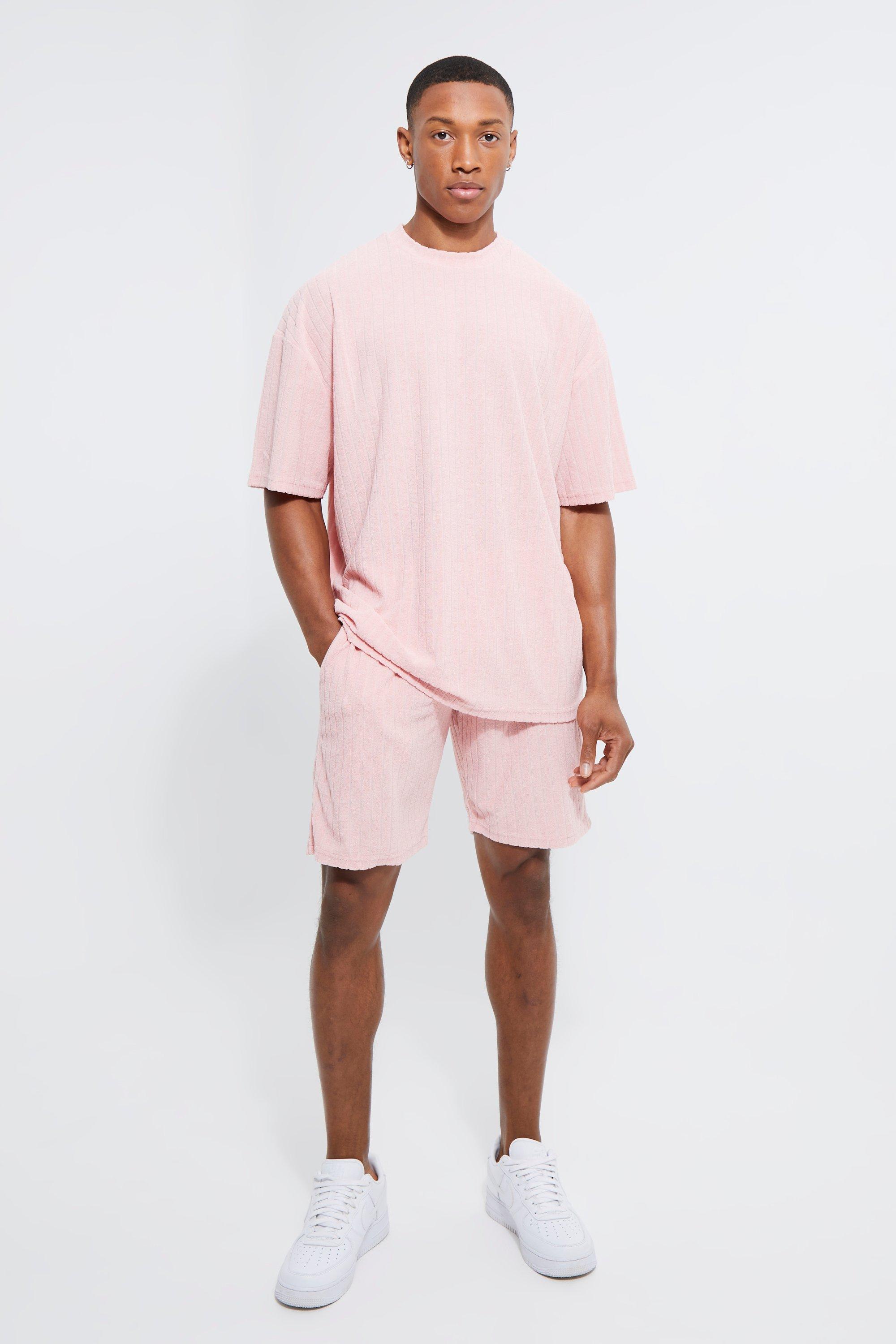 Mens Pink Oversized Stripe Towelling T-Shirt & Short Set, Pink