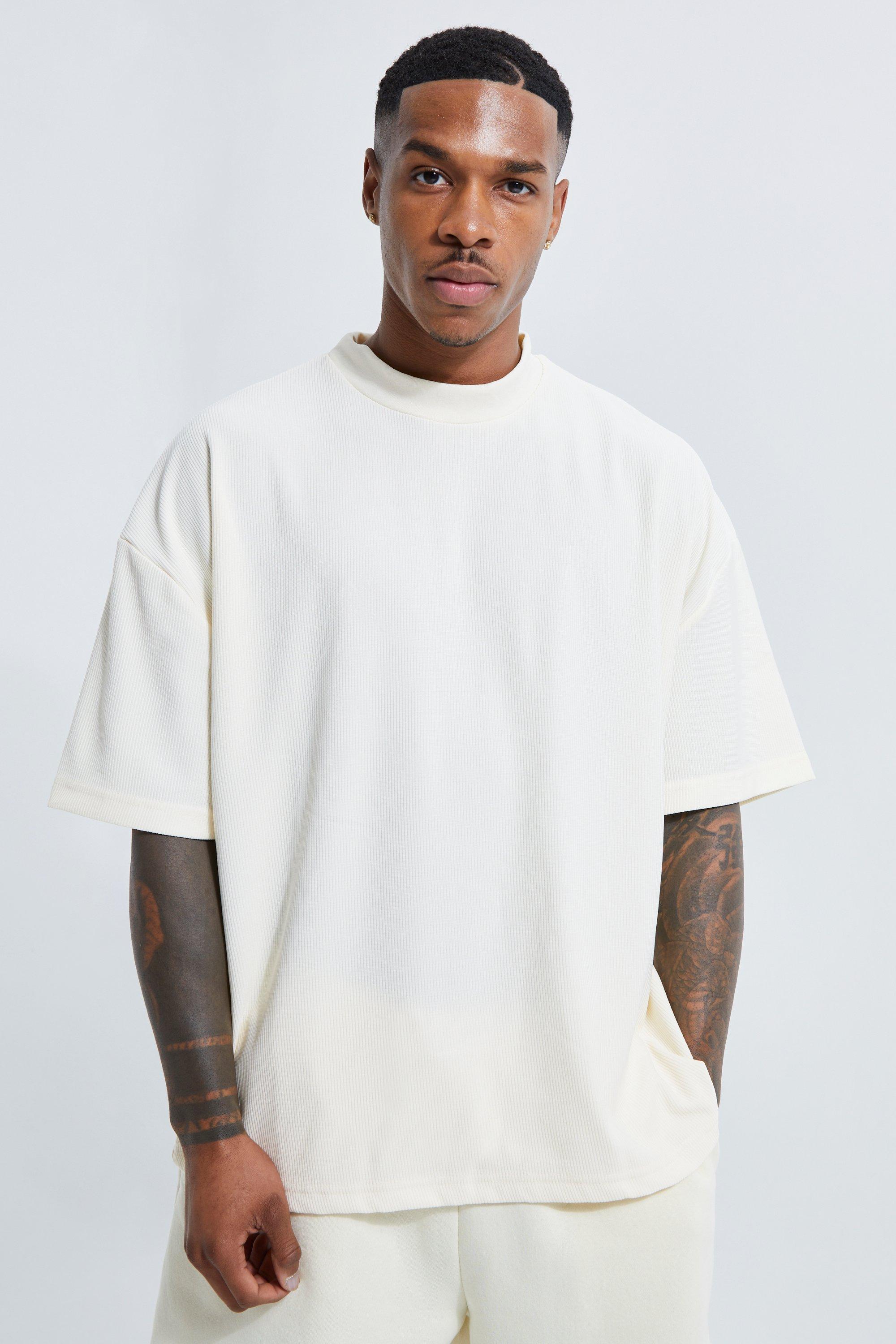 Mens Cream Oversized Extended Neck Ottoman Rib T-shirt, Cream