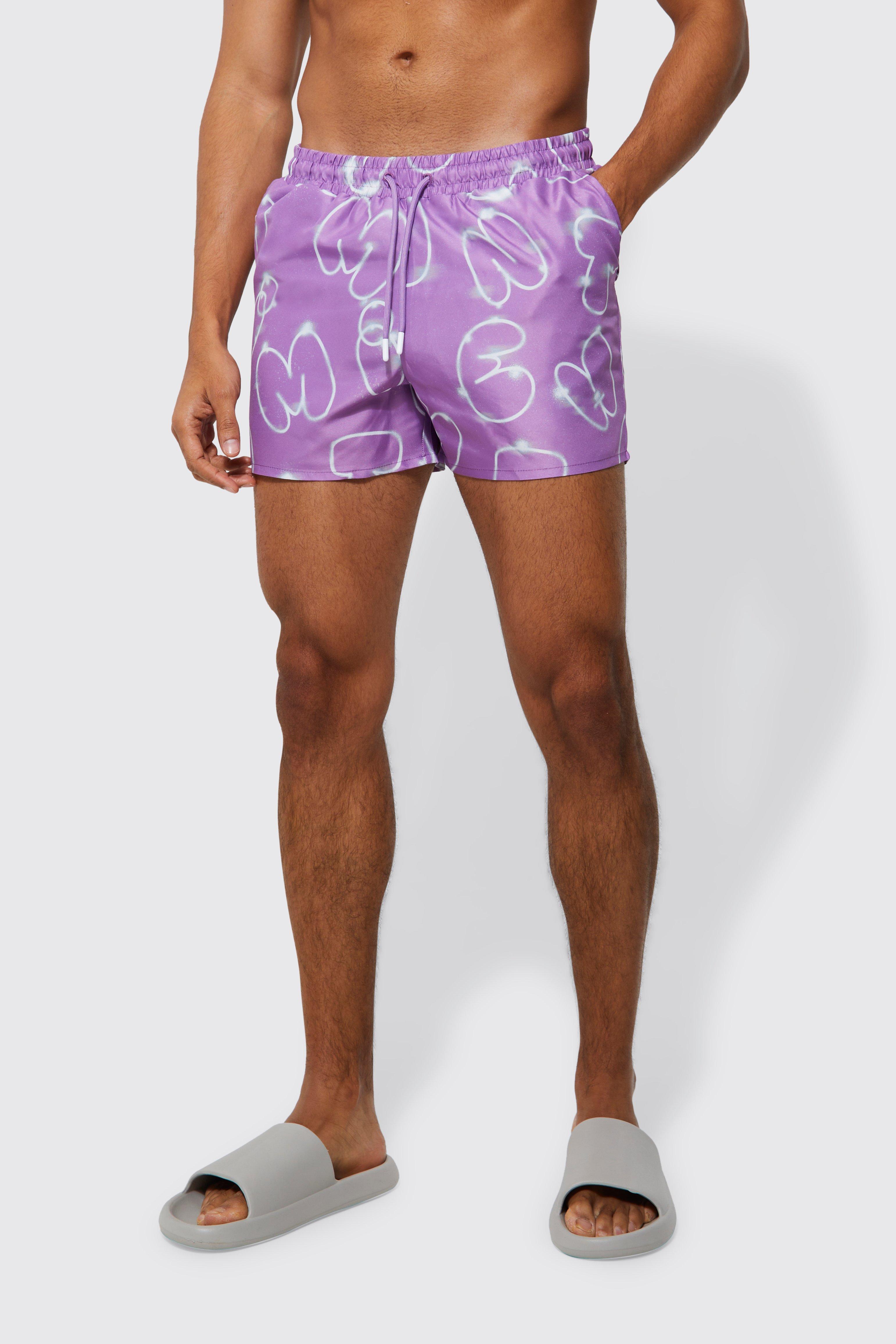 Mens Purple Short Length Graphic Swim Shorts, Purple