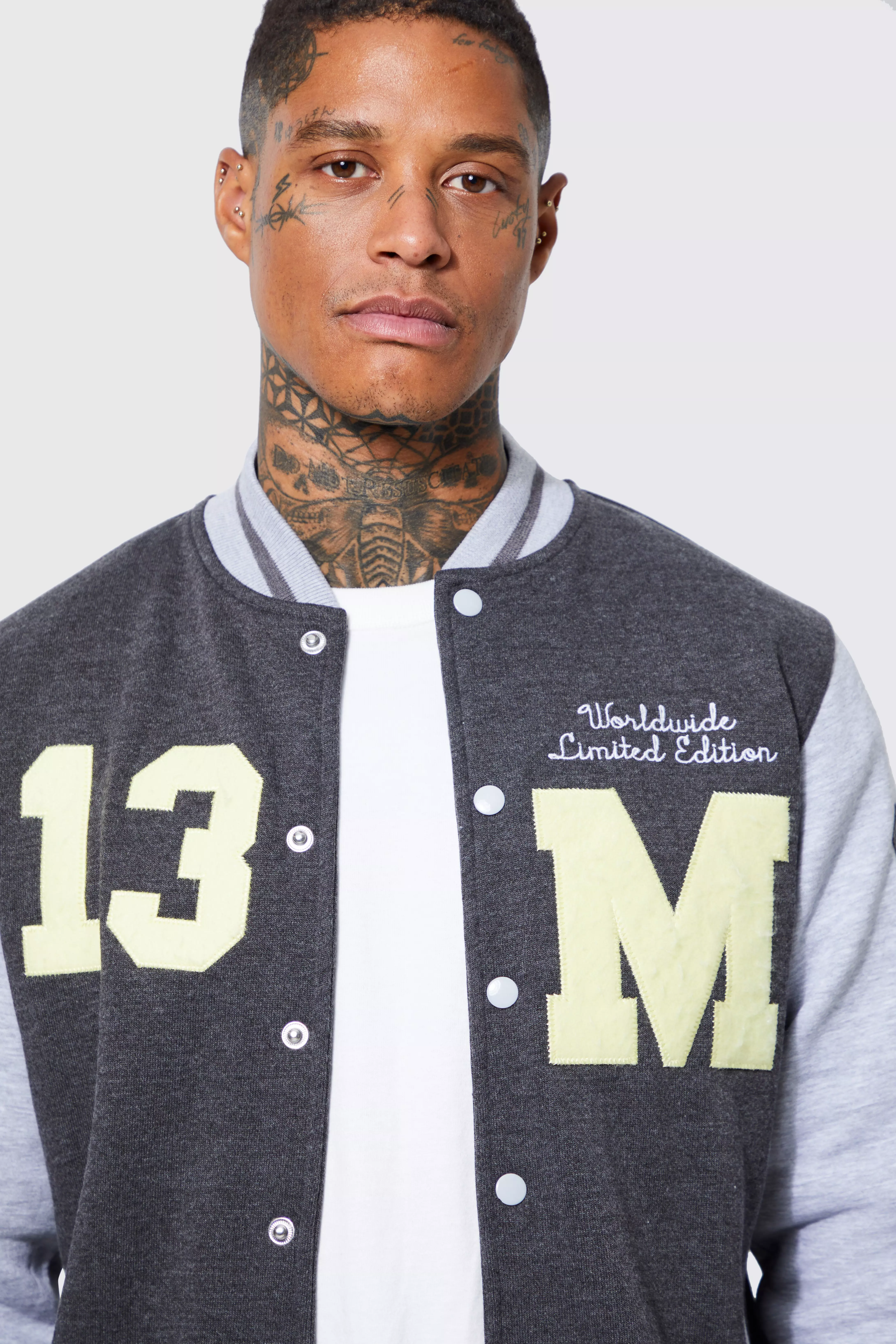 boohooMAN Official Man Varsity Applique Jersey Bomber - Gray - Size XL