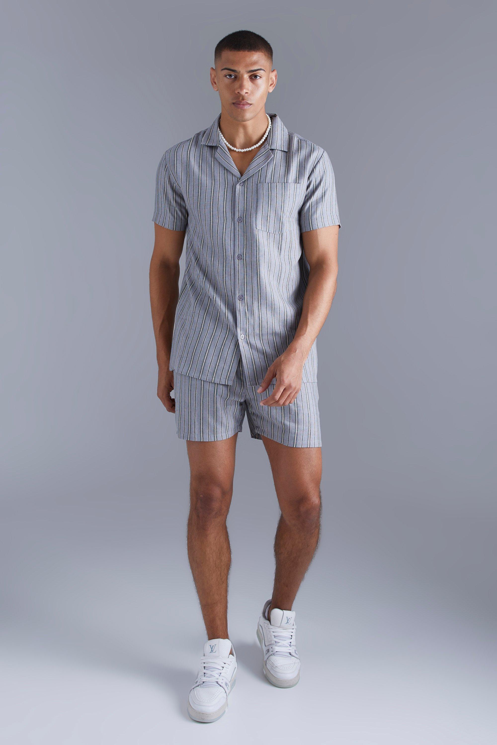 Mens Grey Short Sleeve Drop Revere Stripe Jacquard Shirt Set, Grey