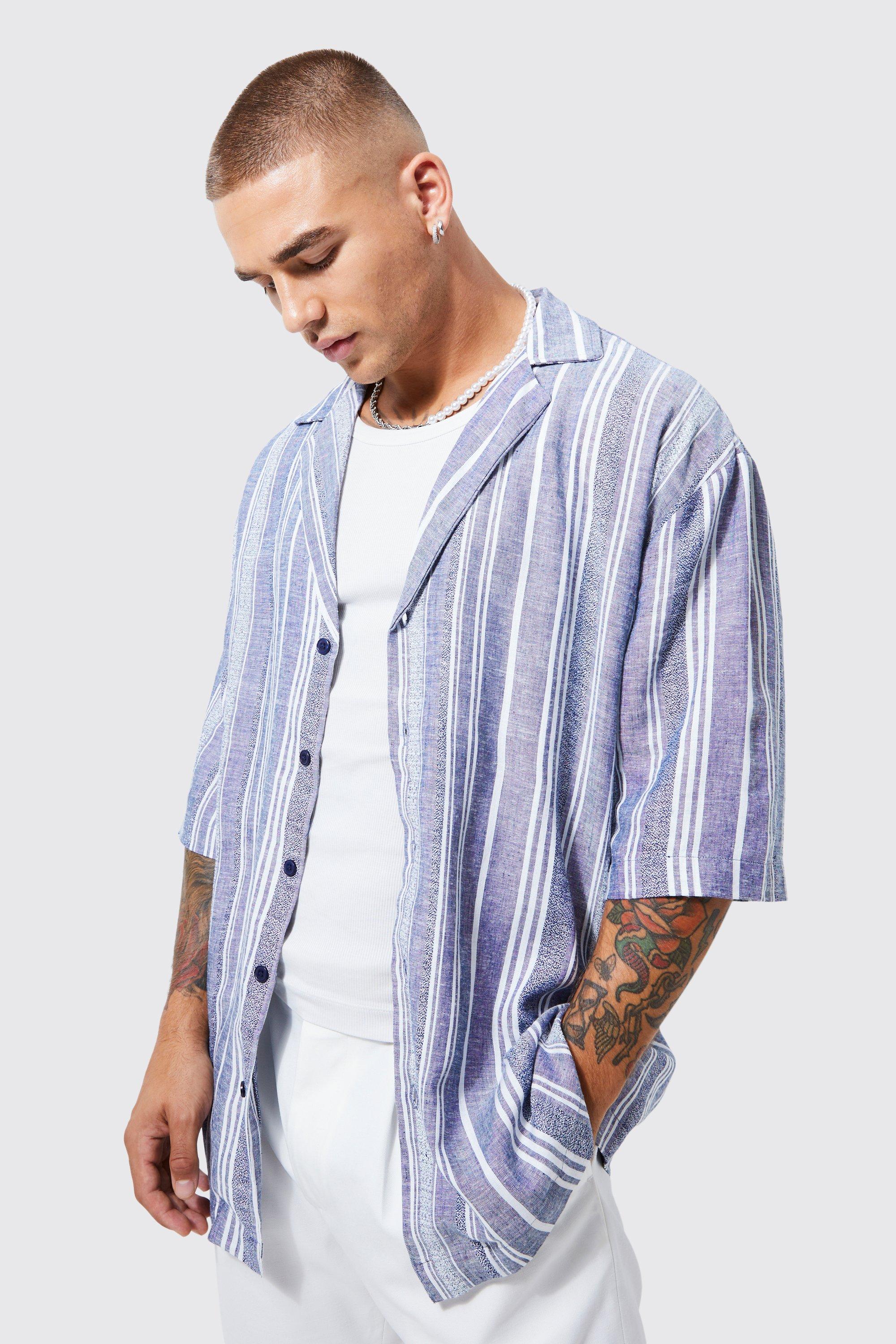 Mens Blue Short Sleeve Drop Revere Textured Stripe Shirt, Blue