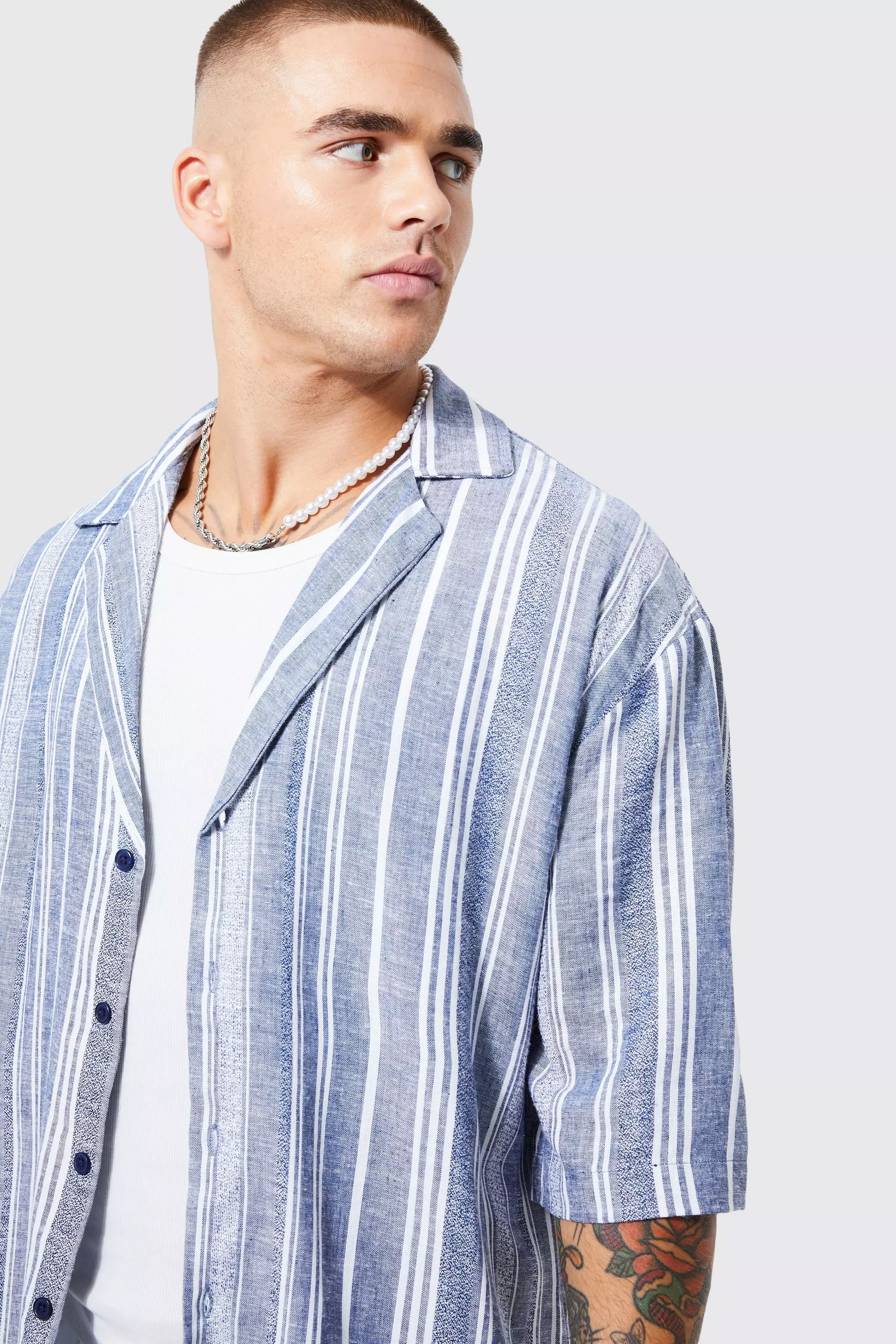 Short Sleeve Drop Revere Textured Stripe Shirt