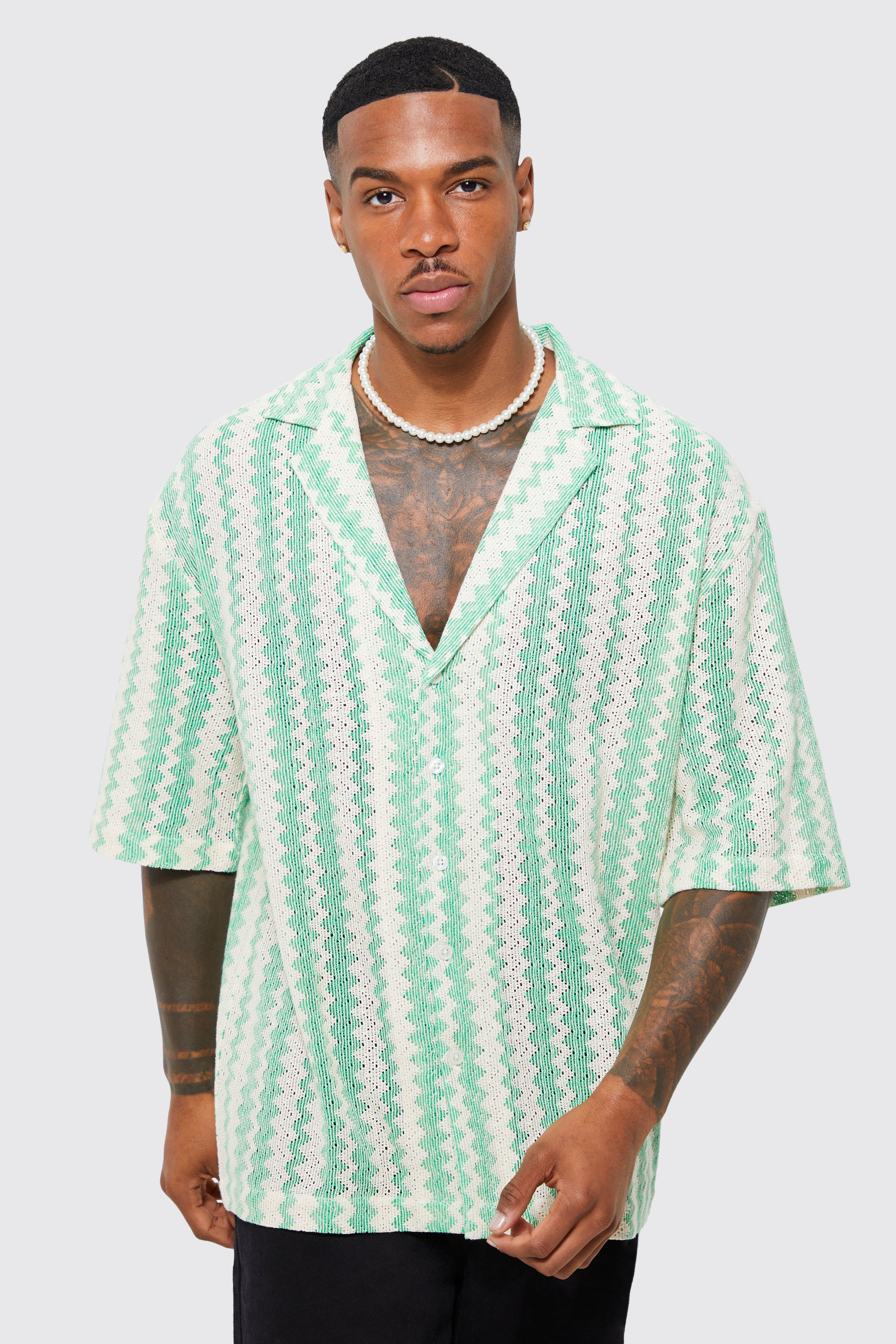 Mens Green Short Sleeve Drop Revere Zig Zag Open Weave Shirt, Green